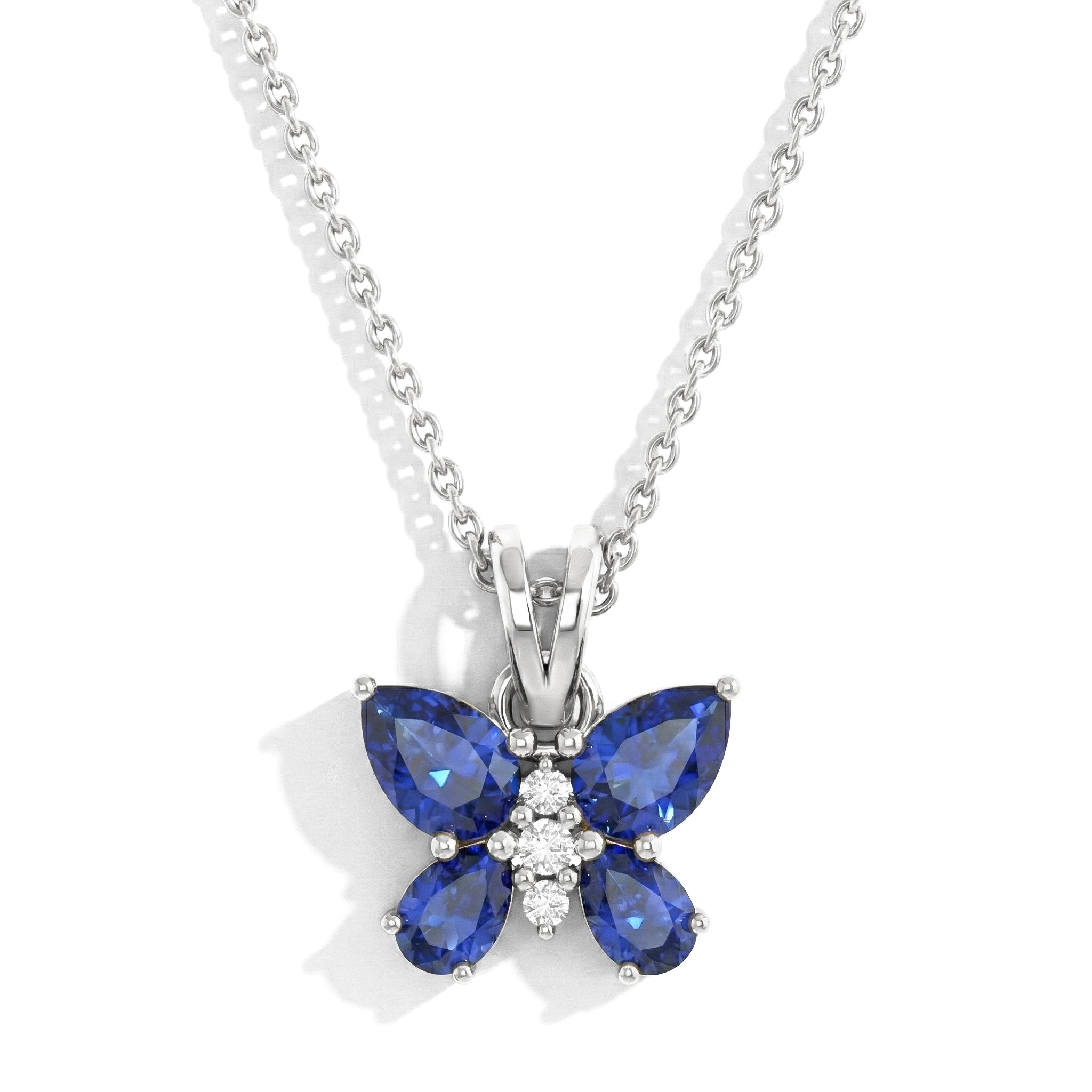 Blue Sapphire Pear Butterfly Pendant Necklace in 925 Sterling Silver 2ct