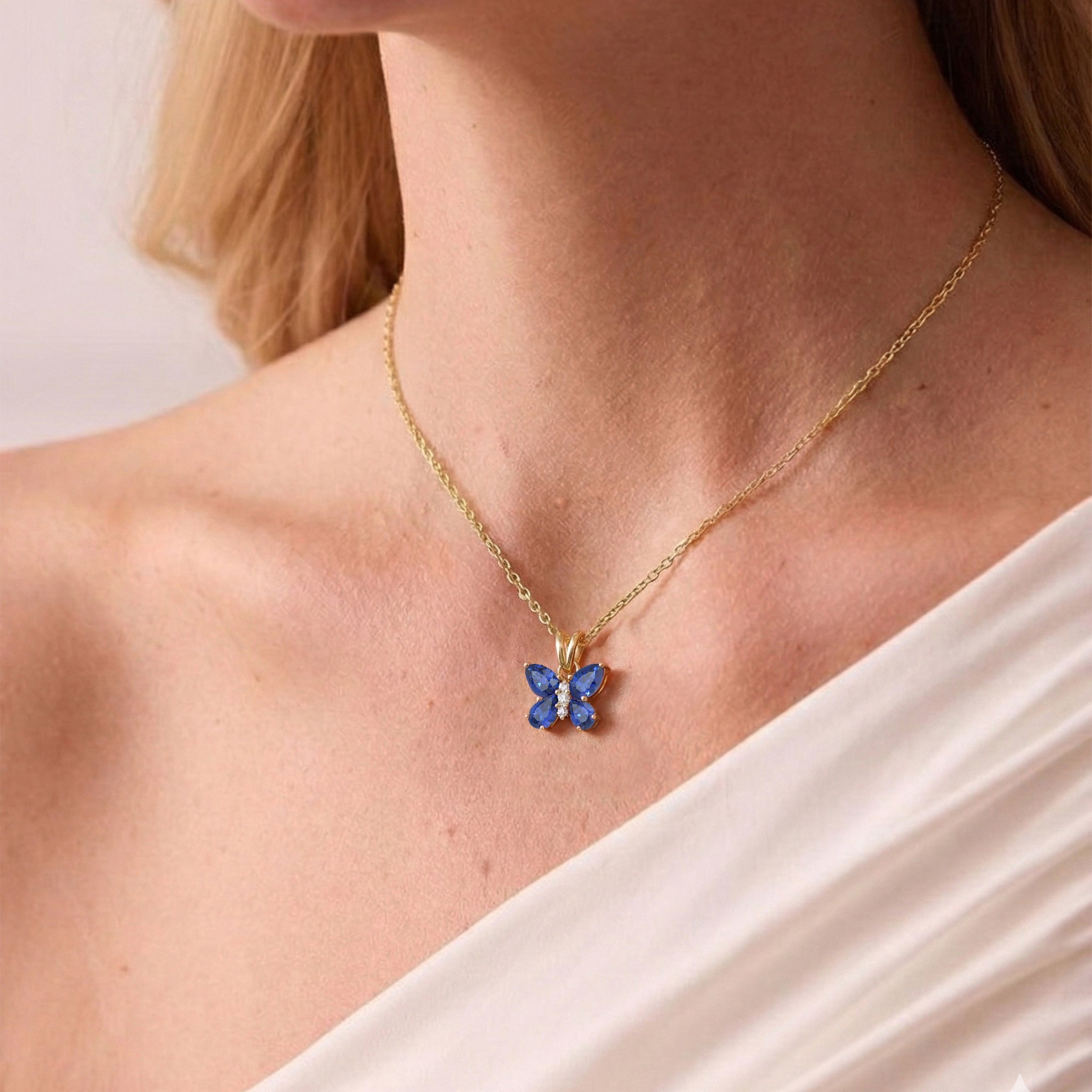 Blue Sapphire Pear Butterfly Pendant Necklace in Yellow Gold Plated 2ct