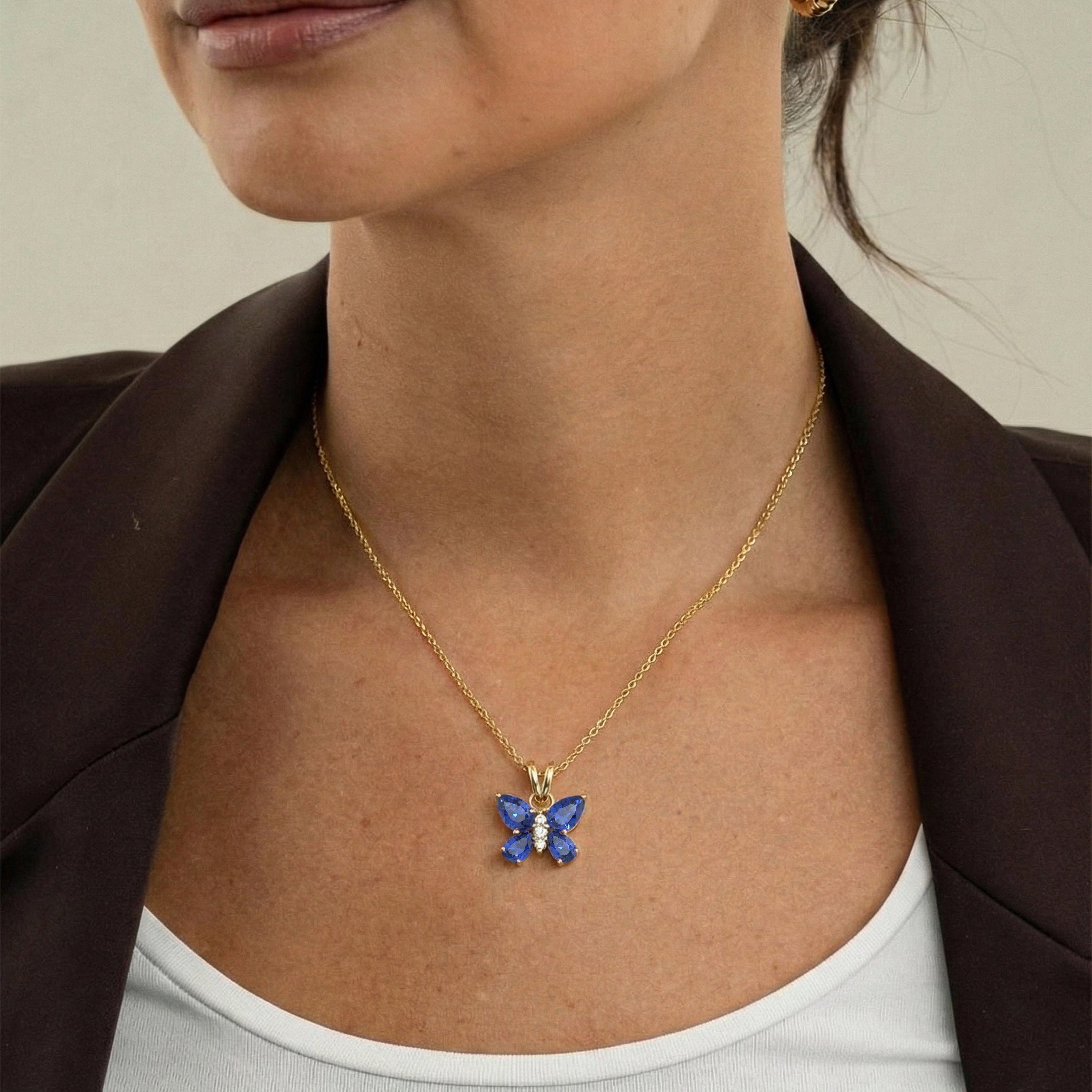 Blue Sapphire Pear Butterfly Pendant Necklace in Yellow Gold Plated 2ct