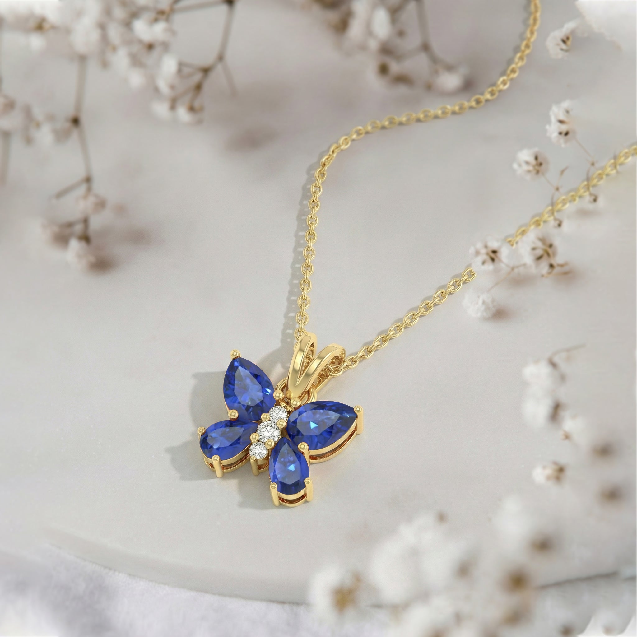 Blue Sapphire Pear Butterfly Pendant Necklace in Yellow Gold Plated 2ct