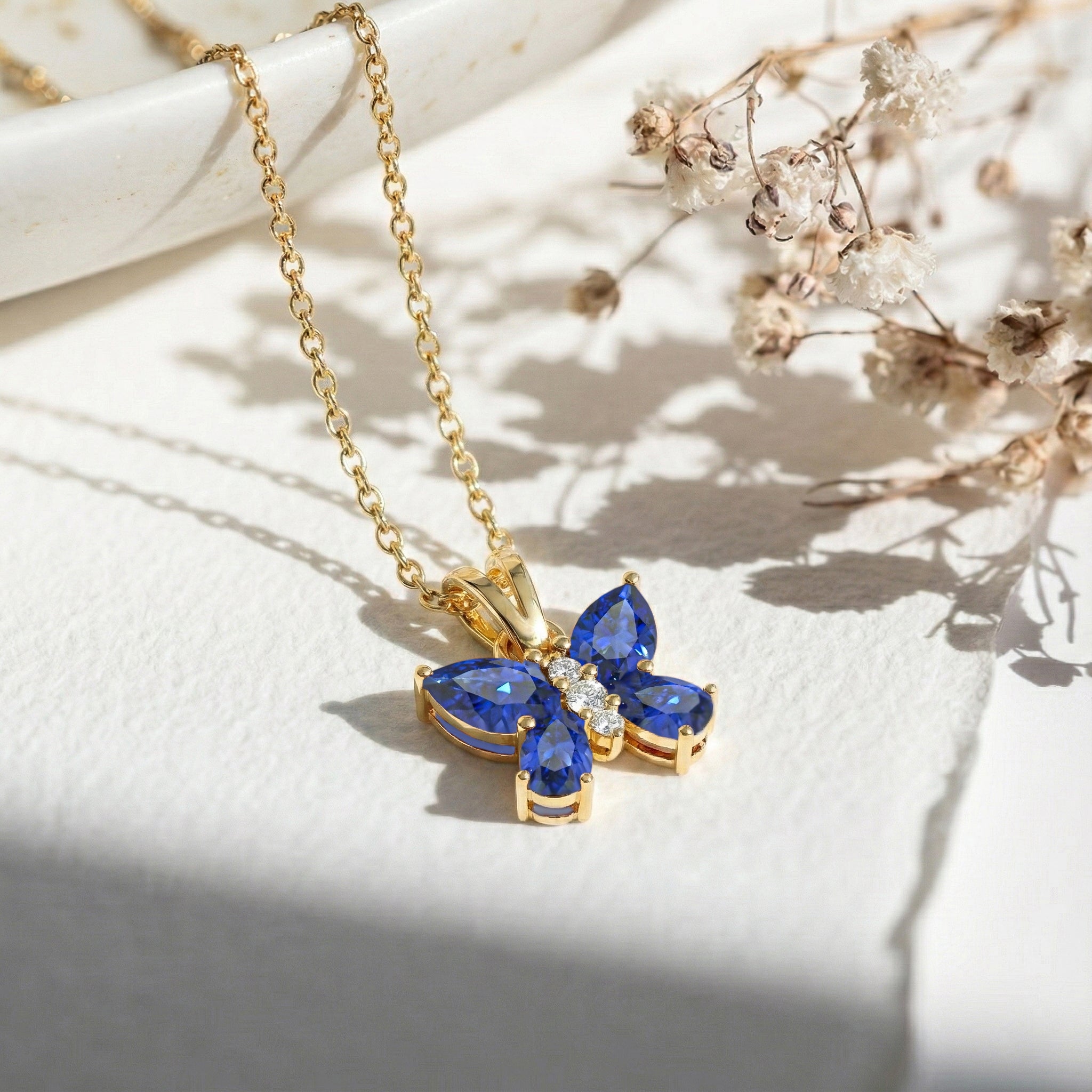 Blue Sapphire Pear Butterfly Pendant Necklace in Yellow Gold Plated 2ct