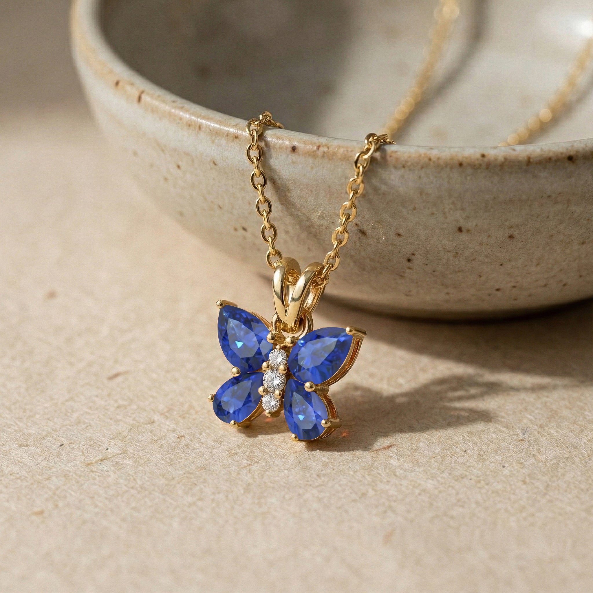 Blue Sapphire Pear Butterfly Pendant Necklace in 925 Sterling Silver 2ct