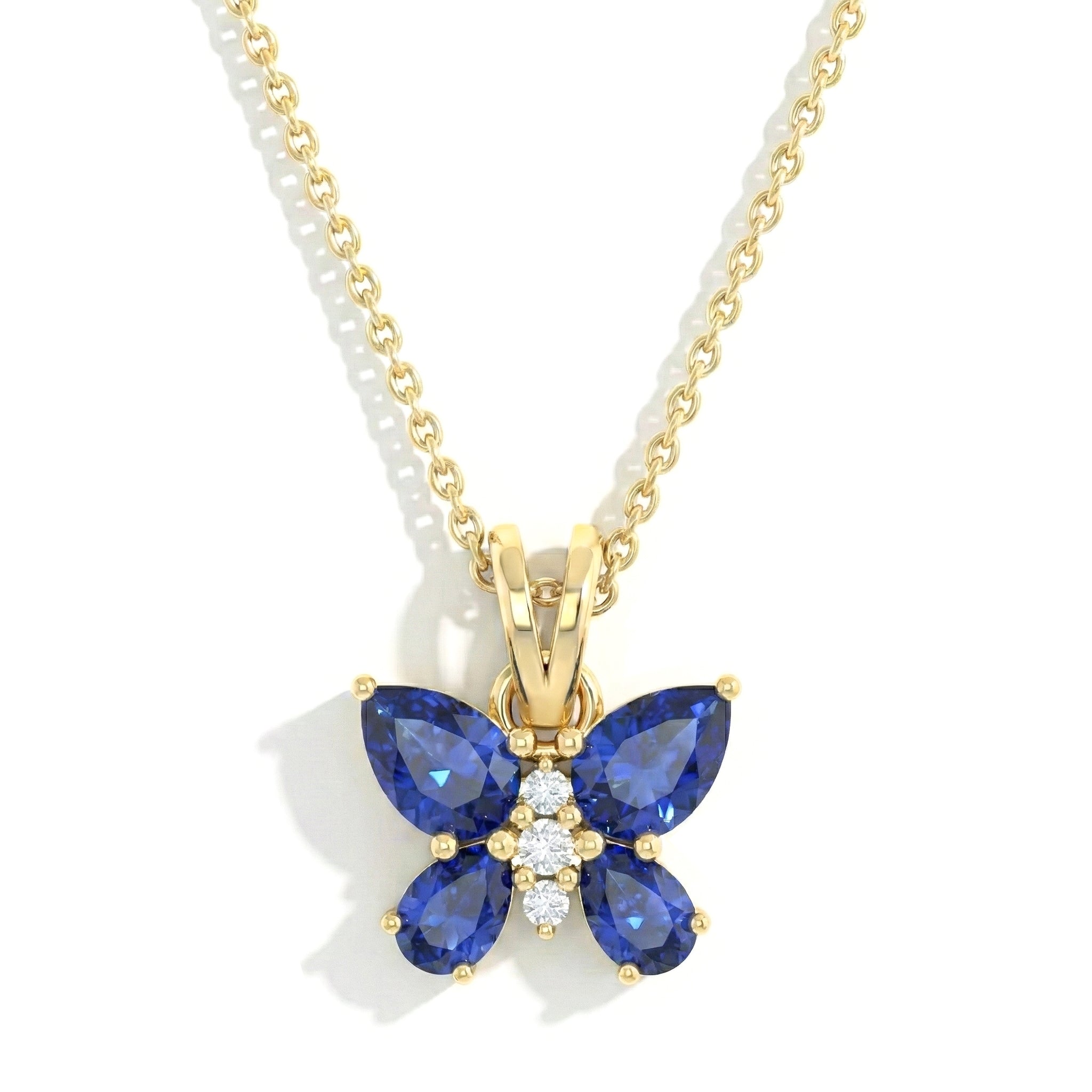 Blue Sapphire Pear Butterfly Pendant Necklace in Yellow Gold Plated 2ct