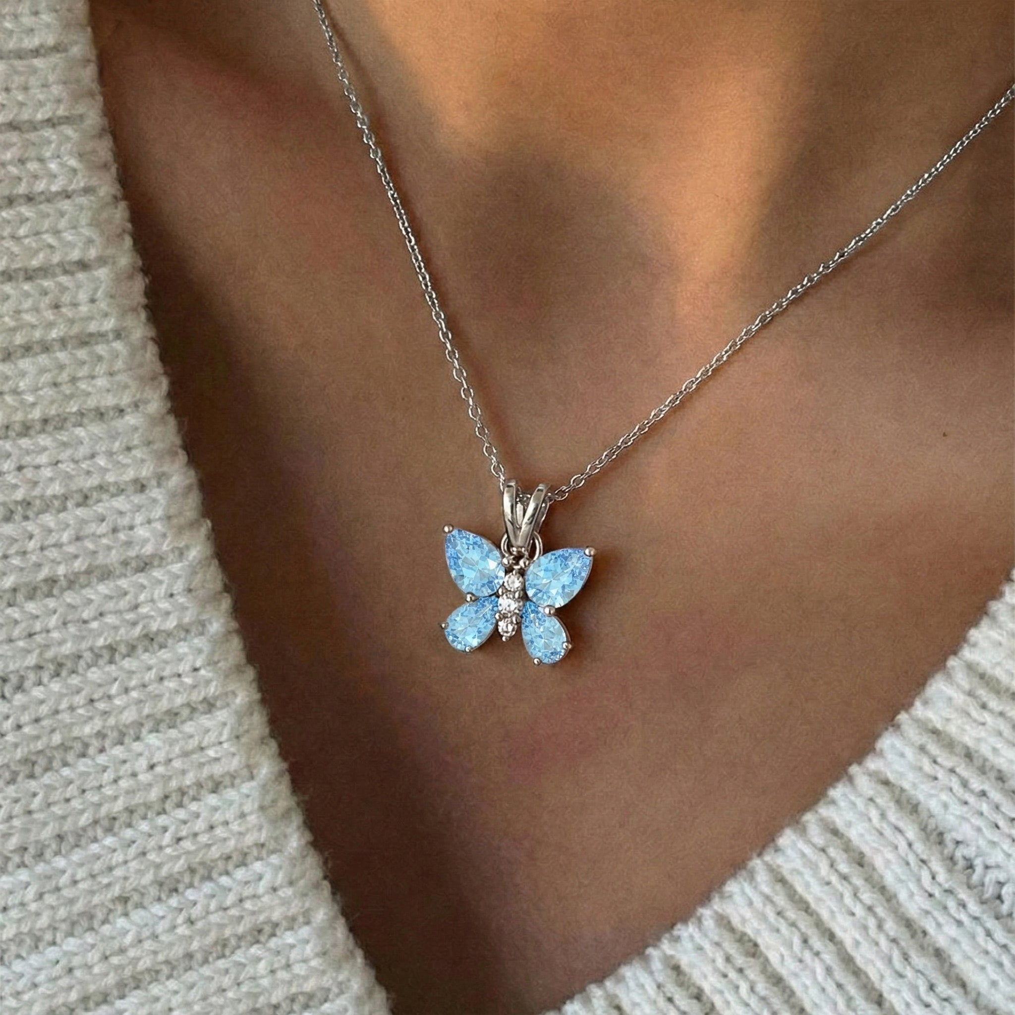 Blue Topaz Pear Butterfly Pendant Necklace in 925 Sterling Silver 2ct