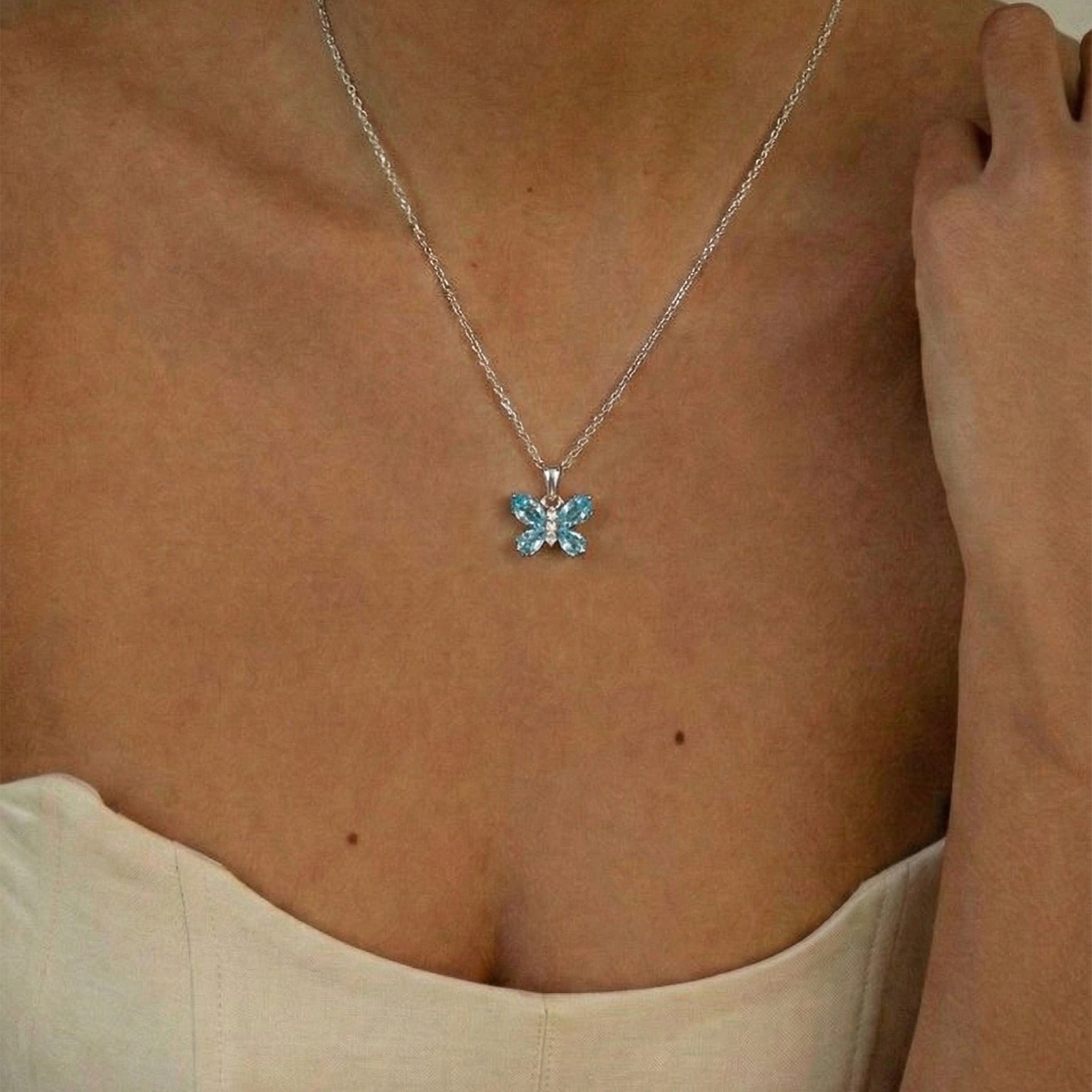 Blue Topaz Pear Butterfly Pendant Necklace in 925 Sterling Silver 2ct