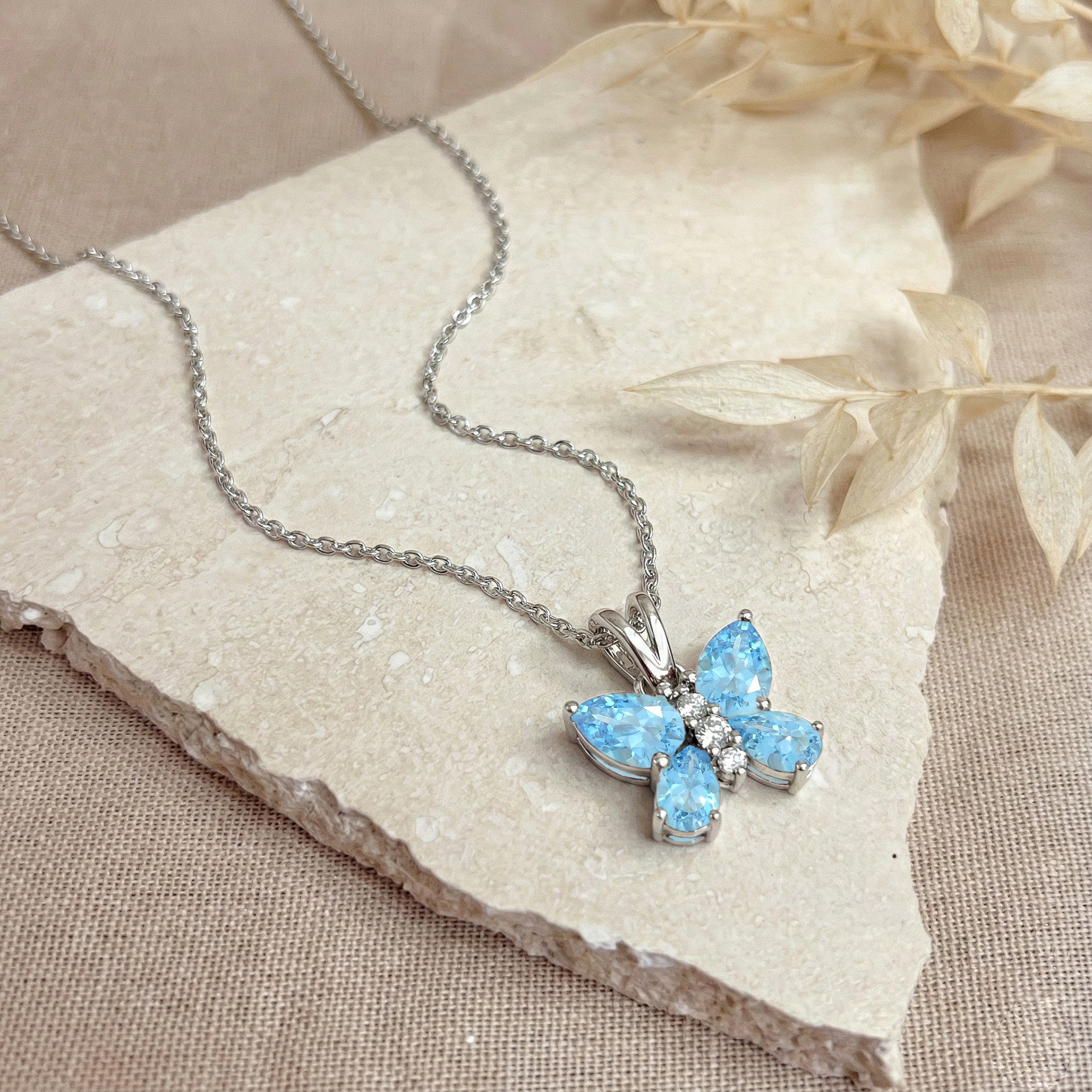 Blue Topaz Pear Butterfly Pendant Necklace in 925 Sterling Silver 2ct