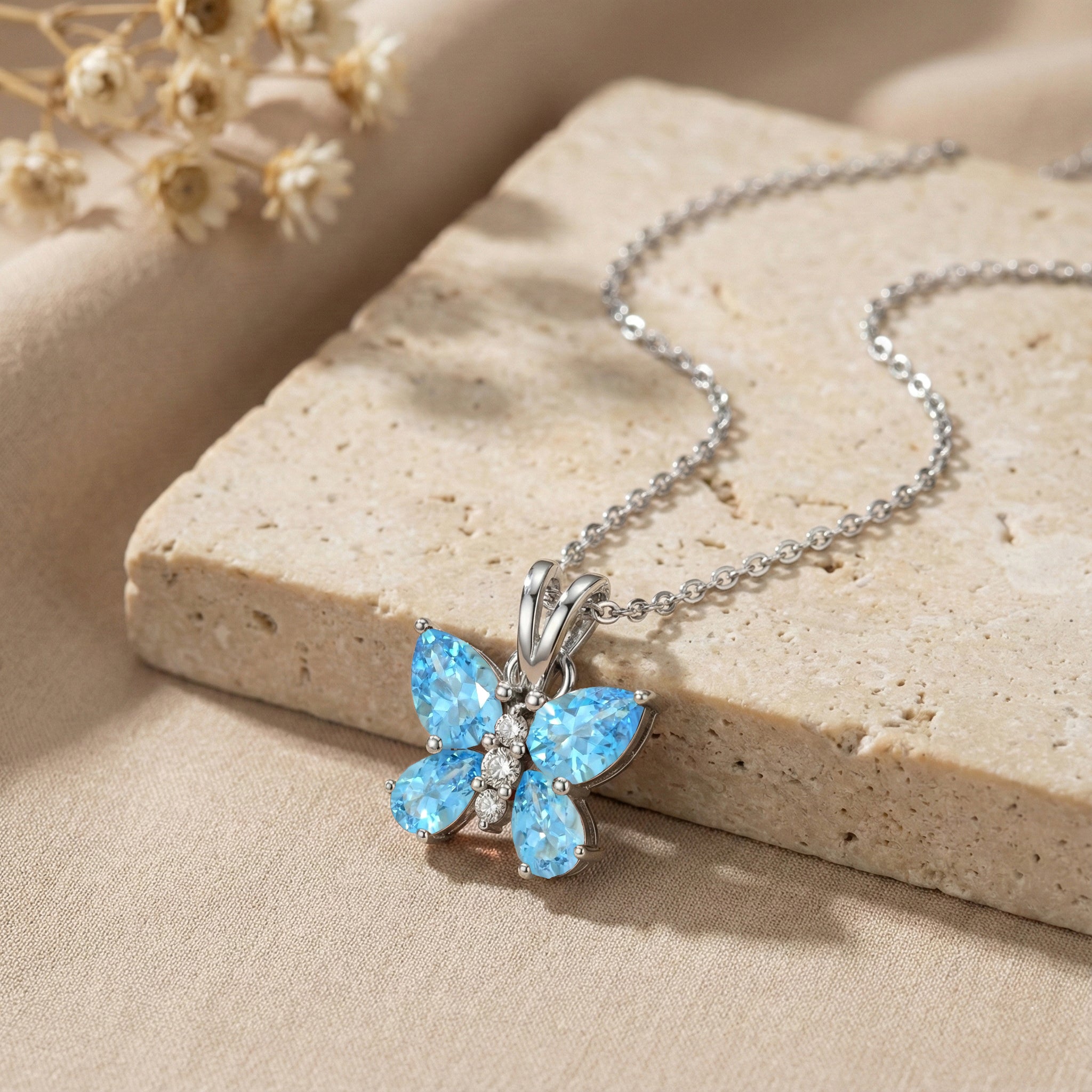 Blue Topaz Pear Butterfly Pendant Necklace in 925 Sterling Silver 2ct