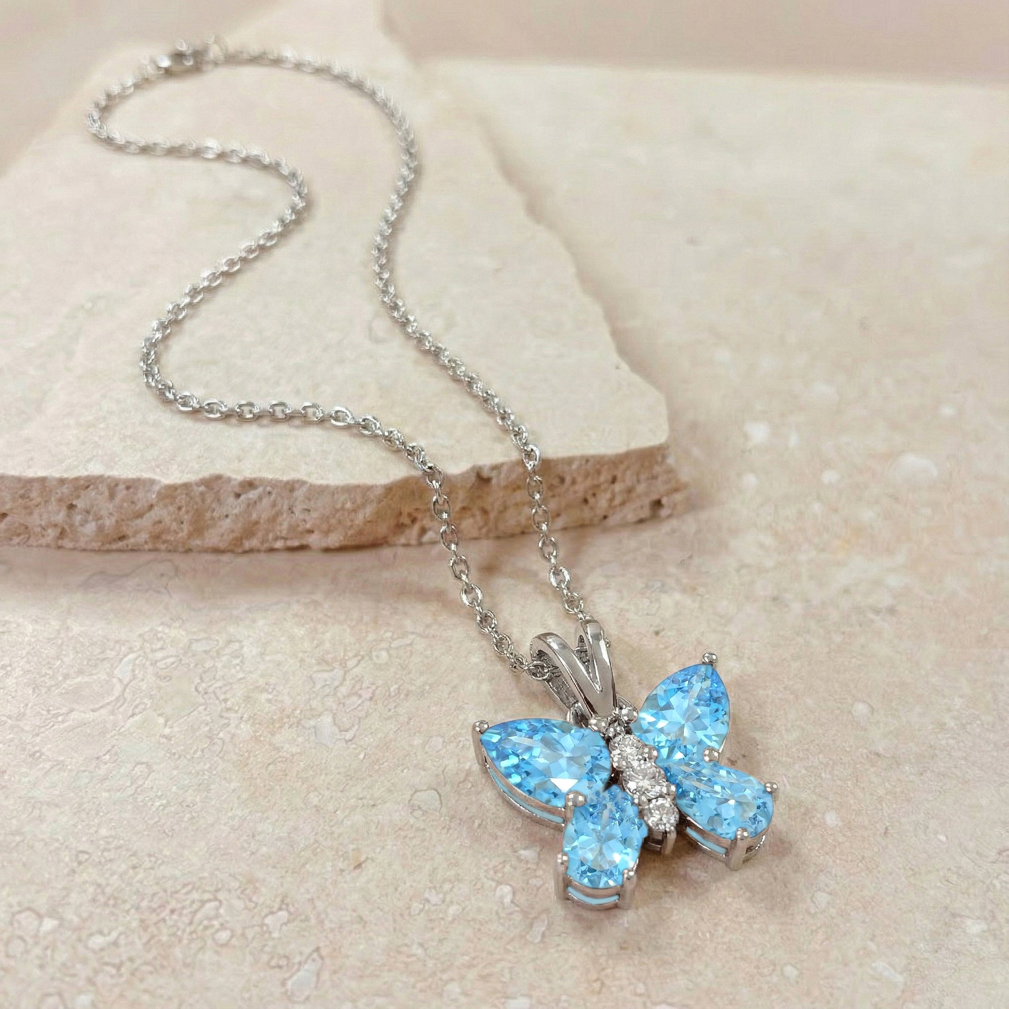 Blue Topaz Pear Butterfly Pendant Necklace in 925 Sterling Silver 2ct