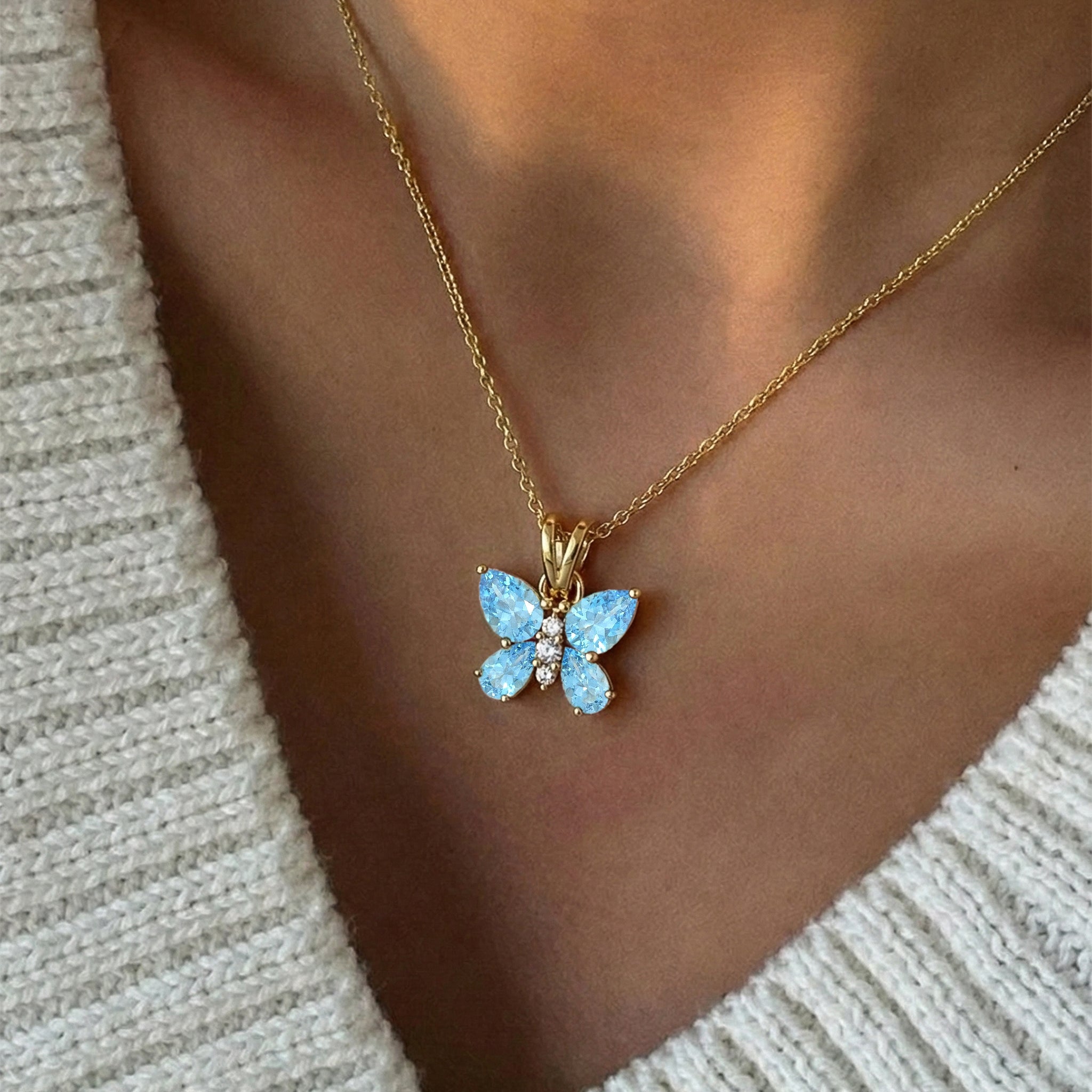 Blue Topaz Pear Butterfly Pendant Necklace in 925 Sterling Silver 2ct