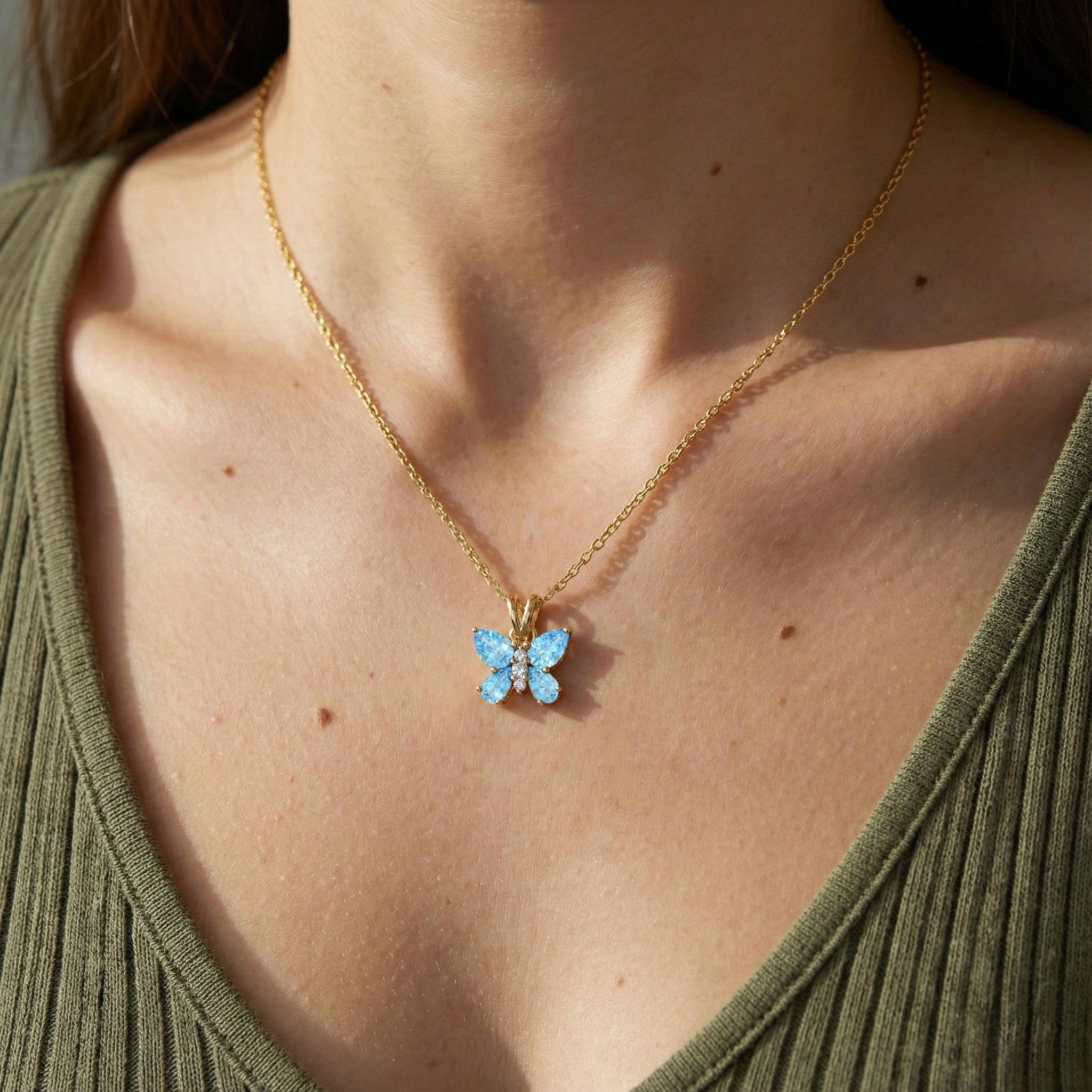 Blue Topaz Pear Butterfly Pendant Necklace in 925 Sterling Silver 2ct