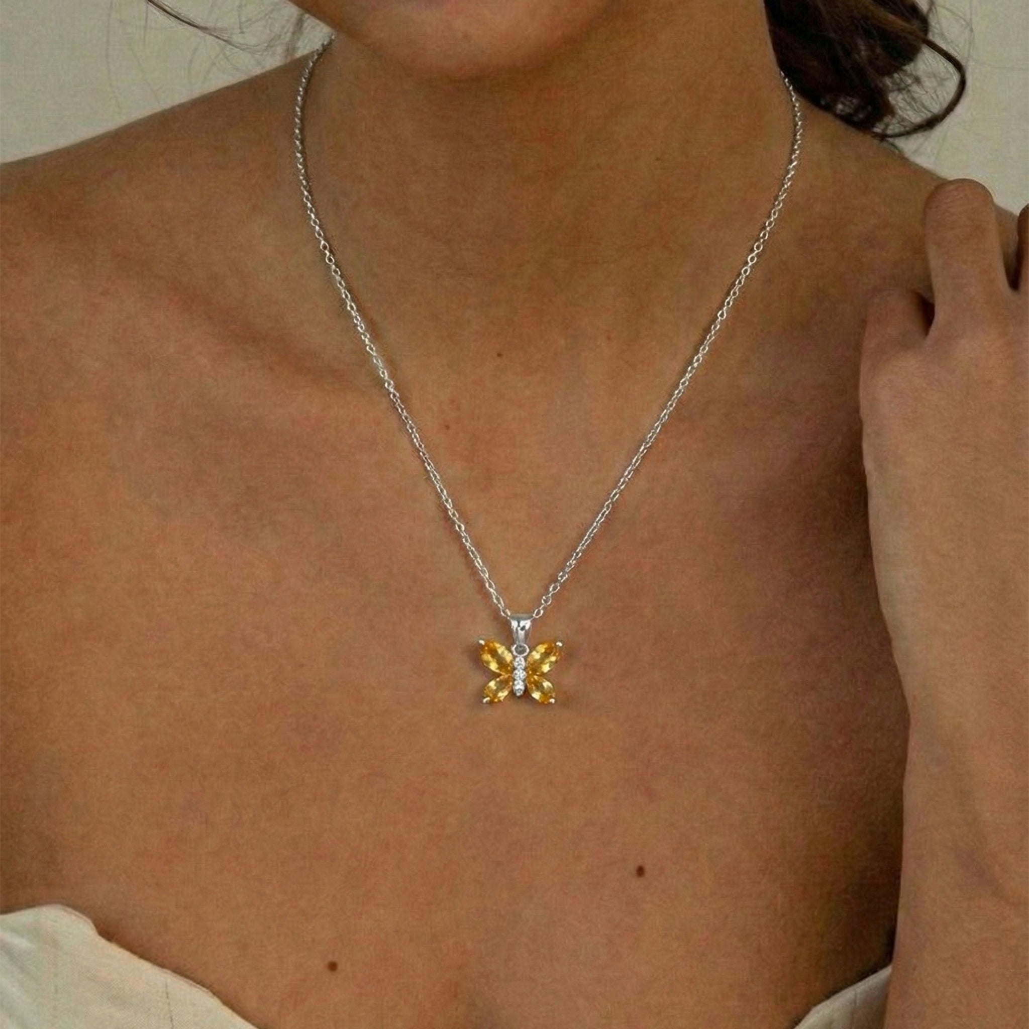 Citrine Pear Butterfly Pendant Necklace in 925 Sterling Silver 2ct