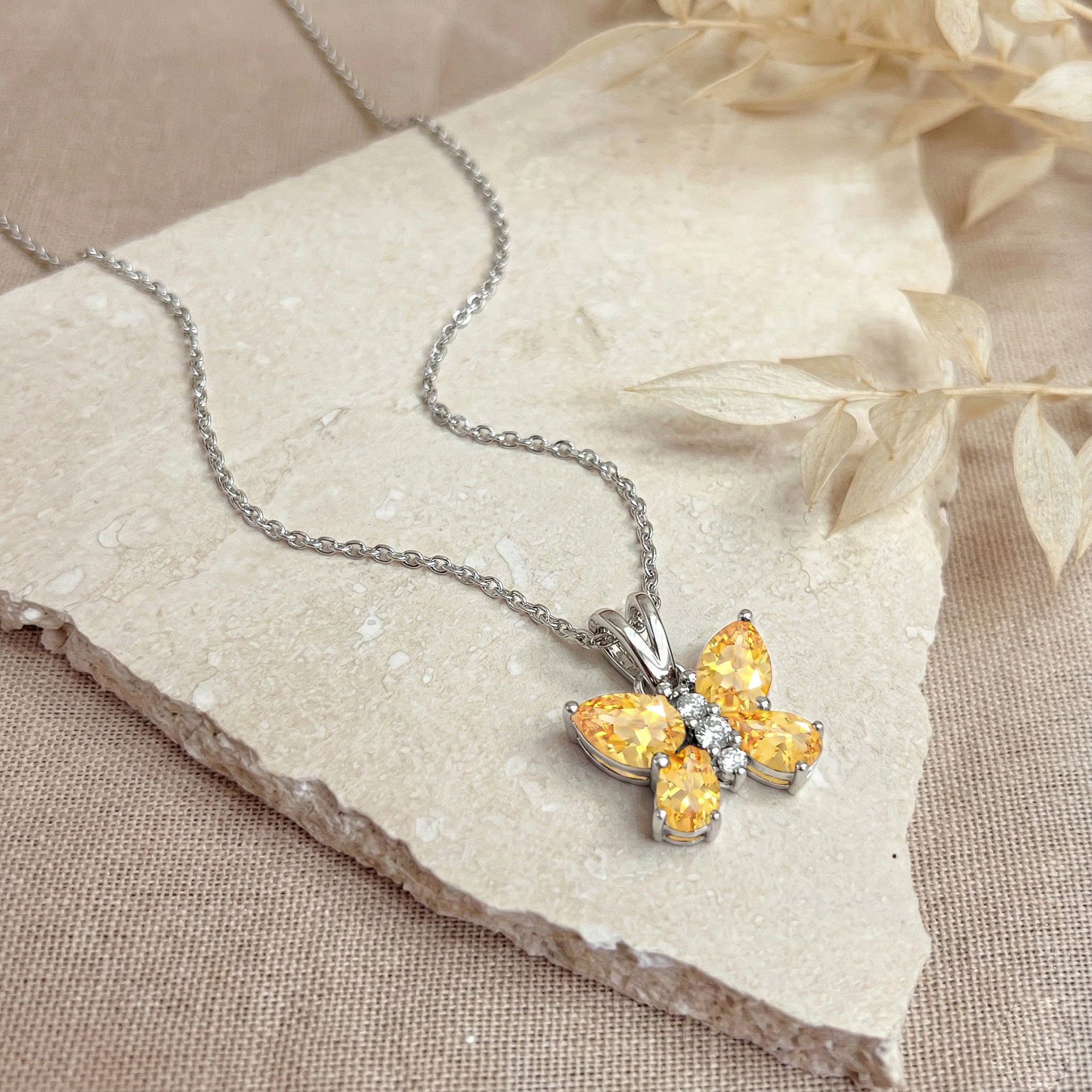 Citrine Pear Butterfly Pendant Necklace in 925 Sterling Silver 2ct