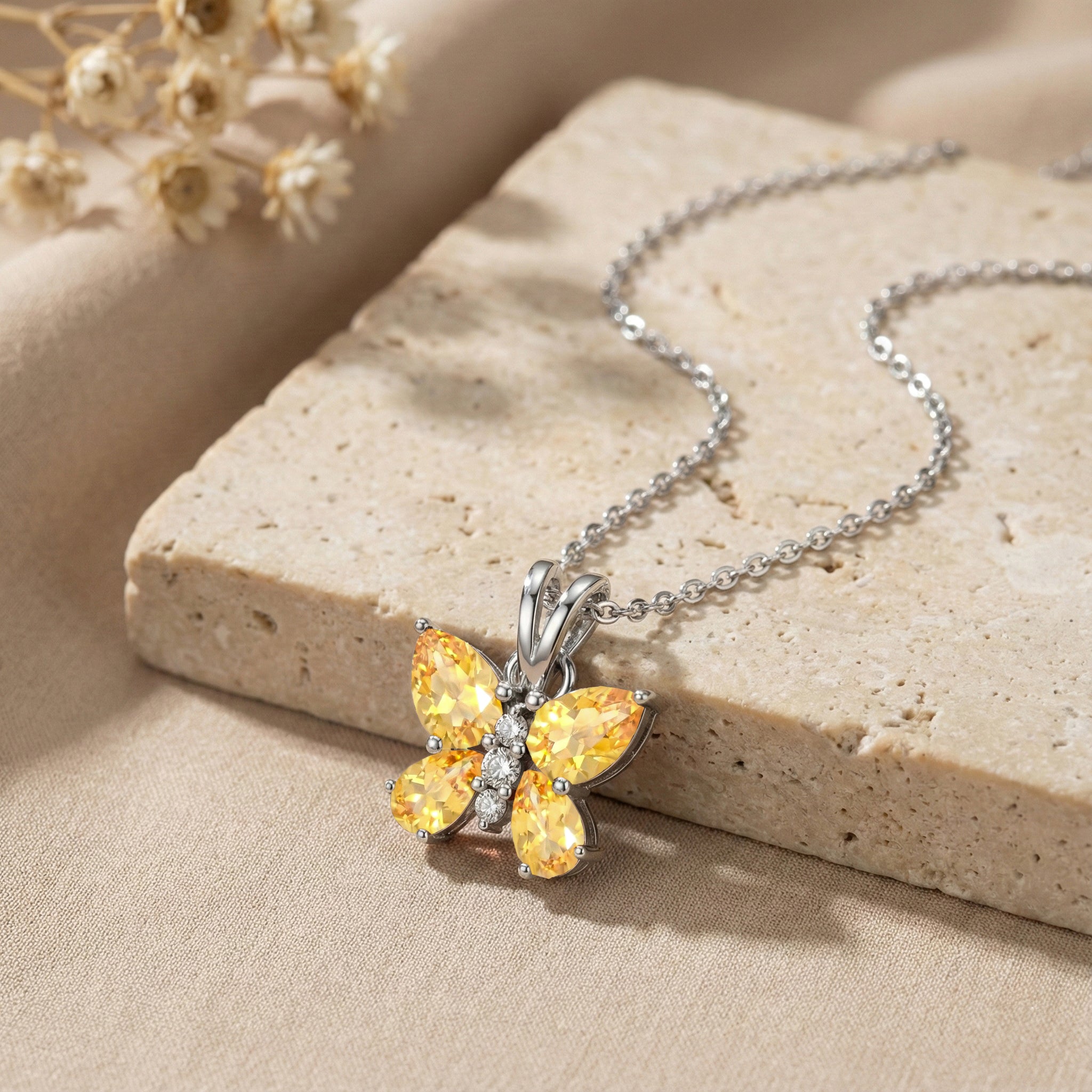 Citrine Pear Butterfly Pendant Necklace in 925 Sterling Silver 2ct