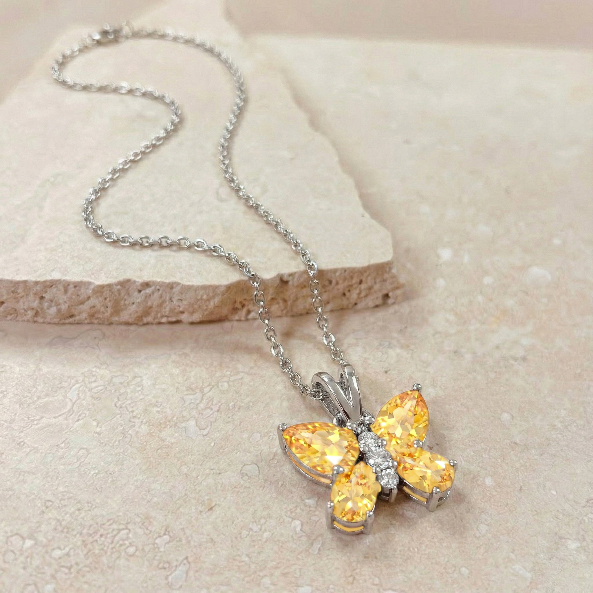 Citrine Pear Butterfly Pendant Necklace in 925 Sterling Silver 2ct
