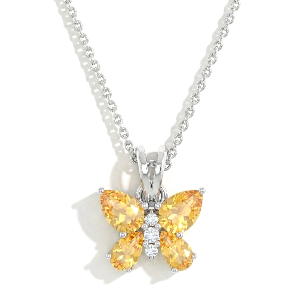 Citrine Pear Butterfly Pendant Necklace in 925 Sterling Silver 2ct