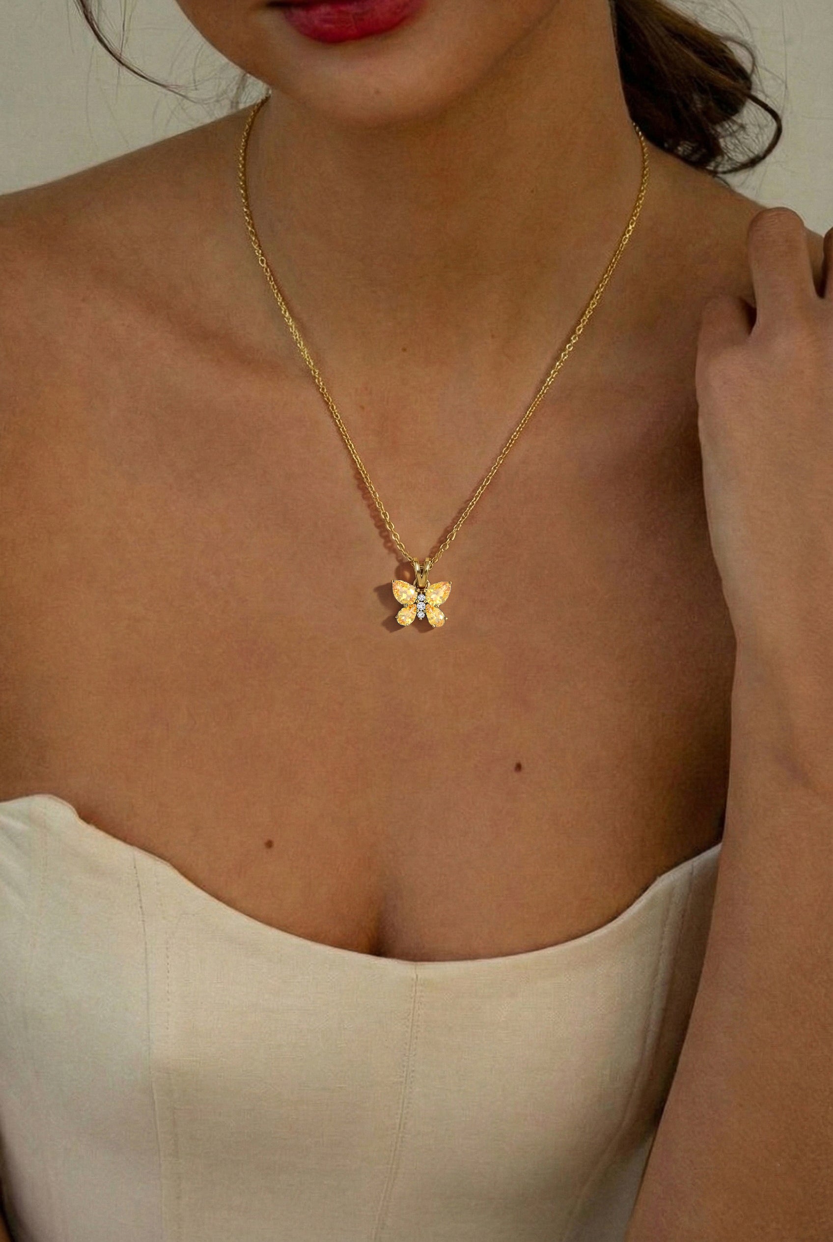 Citrine Pear Butterfly Pendant Necklace in Yellow Gold Plated 2ct