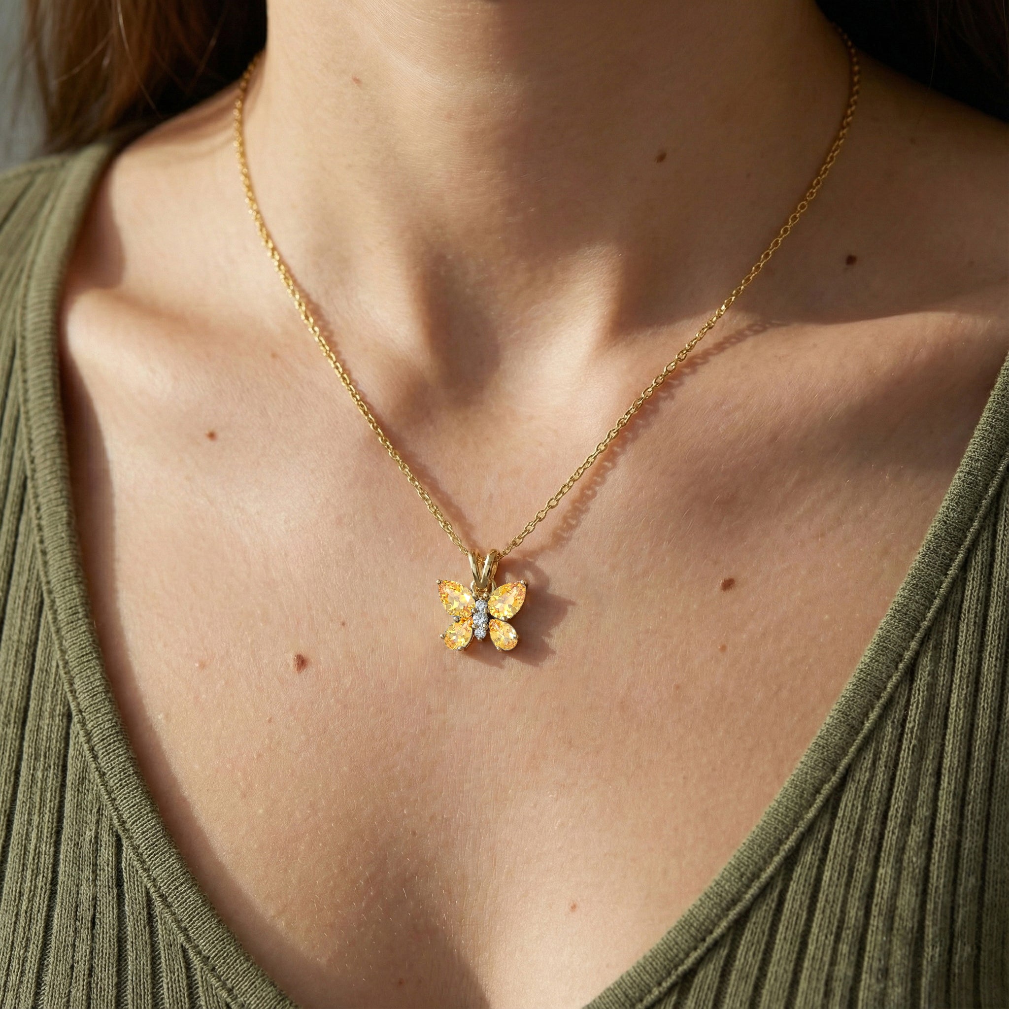 Citrine Pear Butterfly Pendant Necklace in Yellow Gold Plated 2ct