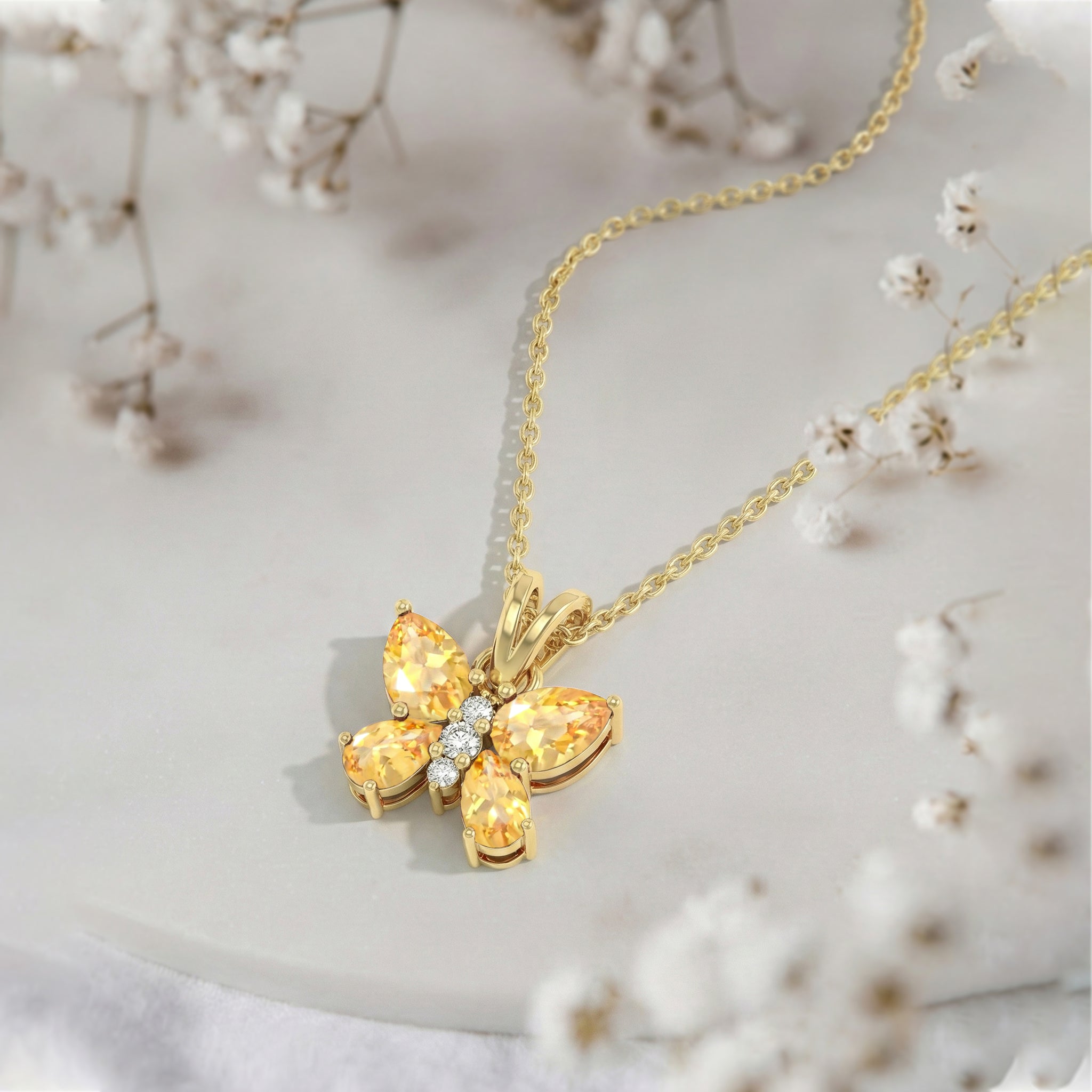 Citrine Pear Butterfly Pendant Necklace in Yellow Gold Plated 2ct