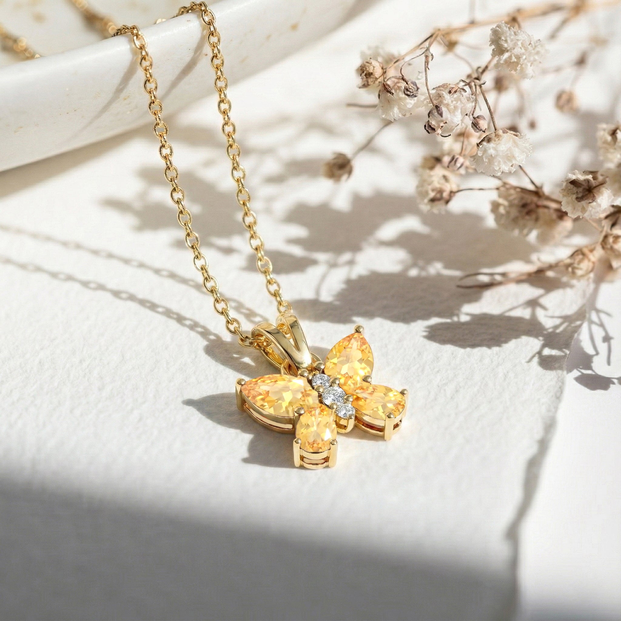 Citrine Pear Butterfly Pendant Necklace in 925 Sterling Silver 2ct