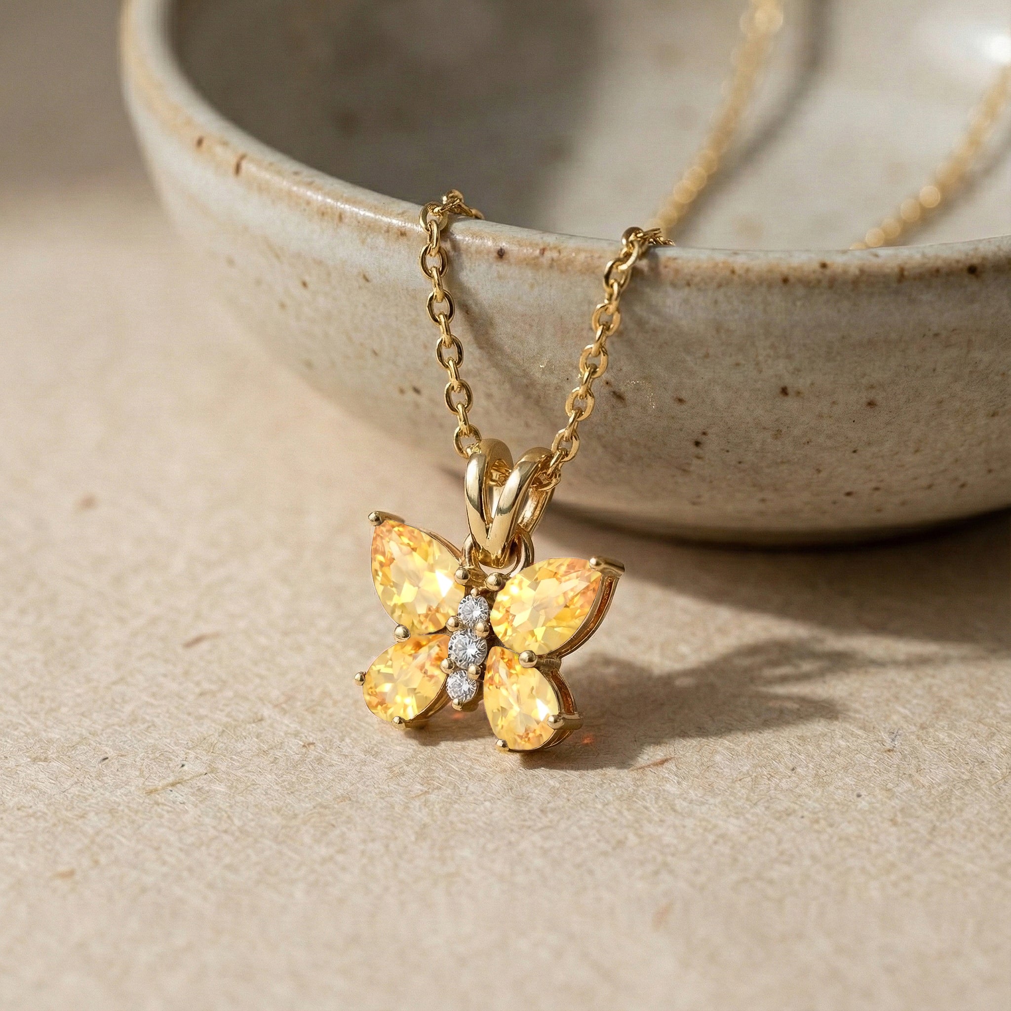 Citrine Pear Butterfly Pendant Necklace in Yellow Gold Plated 2ct