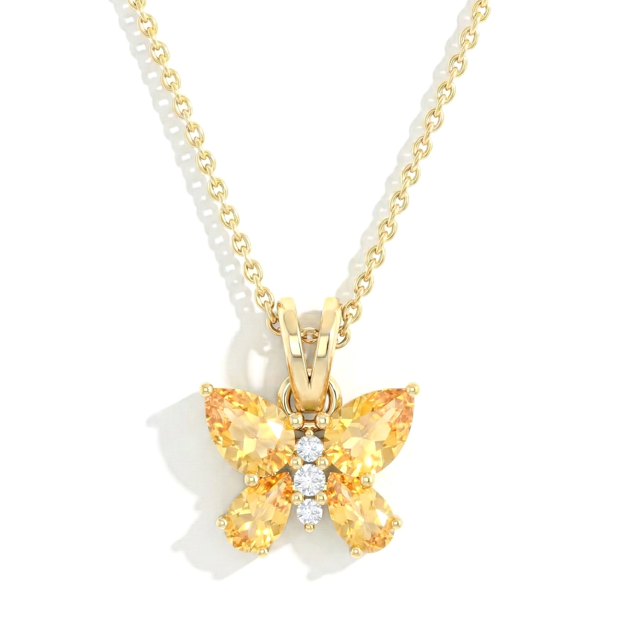 Citrine Pear Butterfly Pendant Necklace in Yellow Gold Plated 2ct