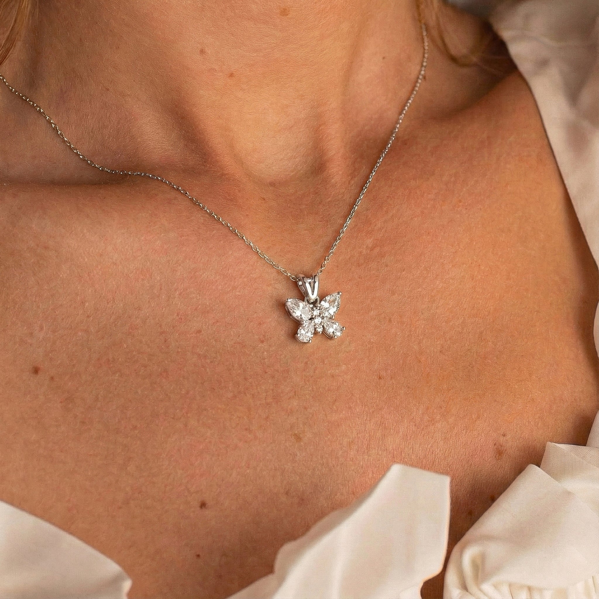 Cubic Zirconia Pear Butterfly Pendant Necklace in 925 Sterling Silver 2ct