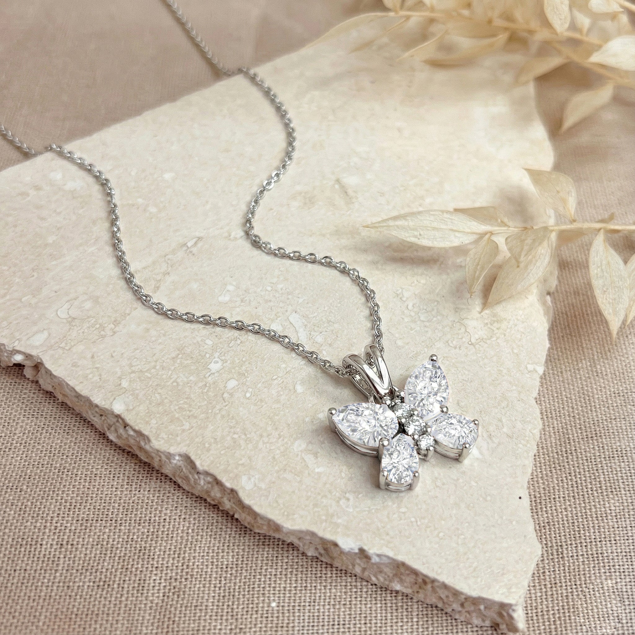 Cubic Zirconia Pear Butterfly Pendant Necklace in 925 Sterling Silver 2ct