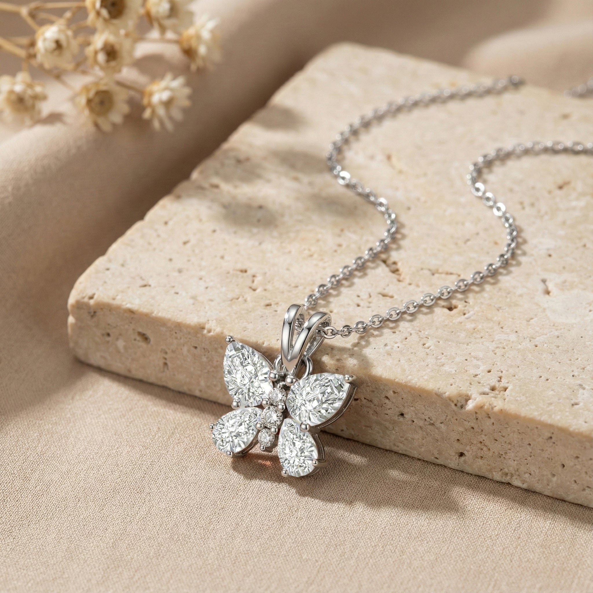 Cubic Zirconia Pear Butterfly Pendant Necklace in 925 Sterling Silver 2ct
