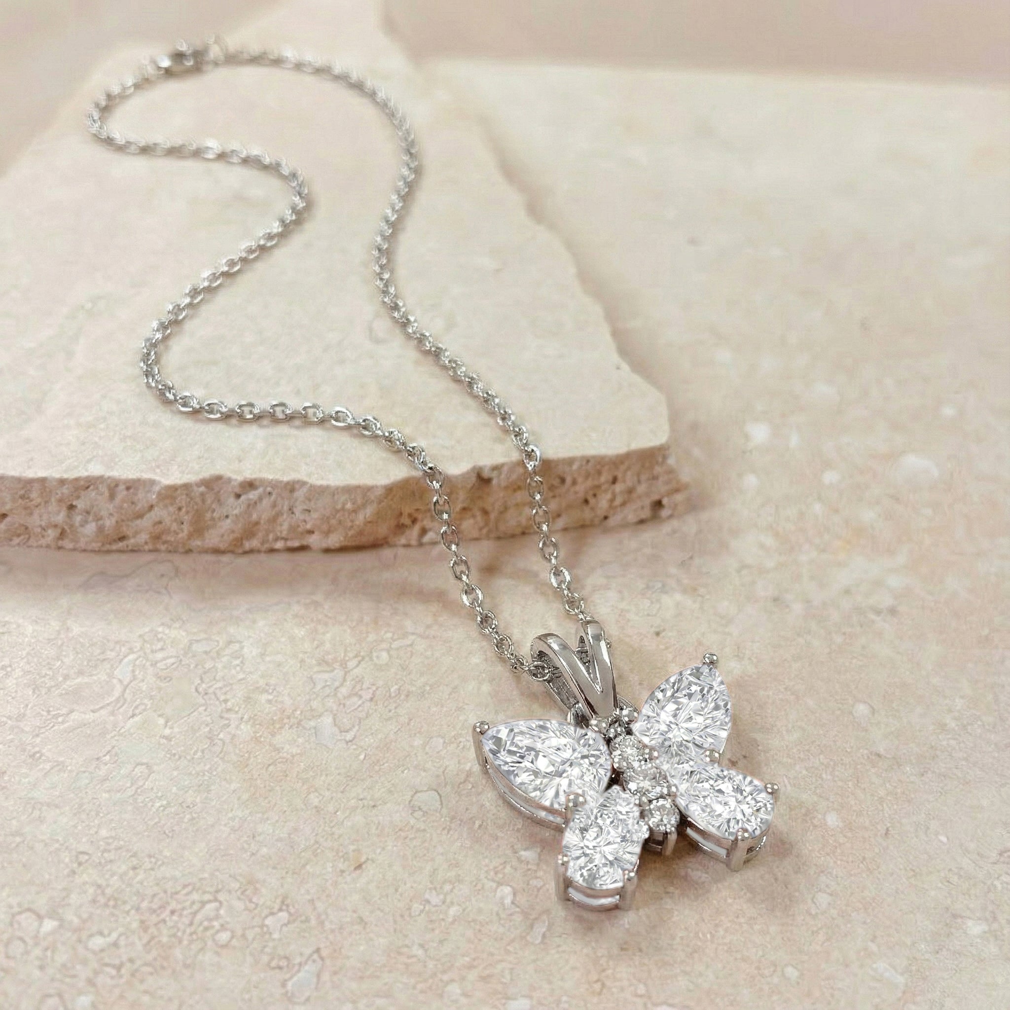 Cubic Zirconia Pear Butterfly Pendant Necklace in 925 Sterling Silver 2ct