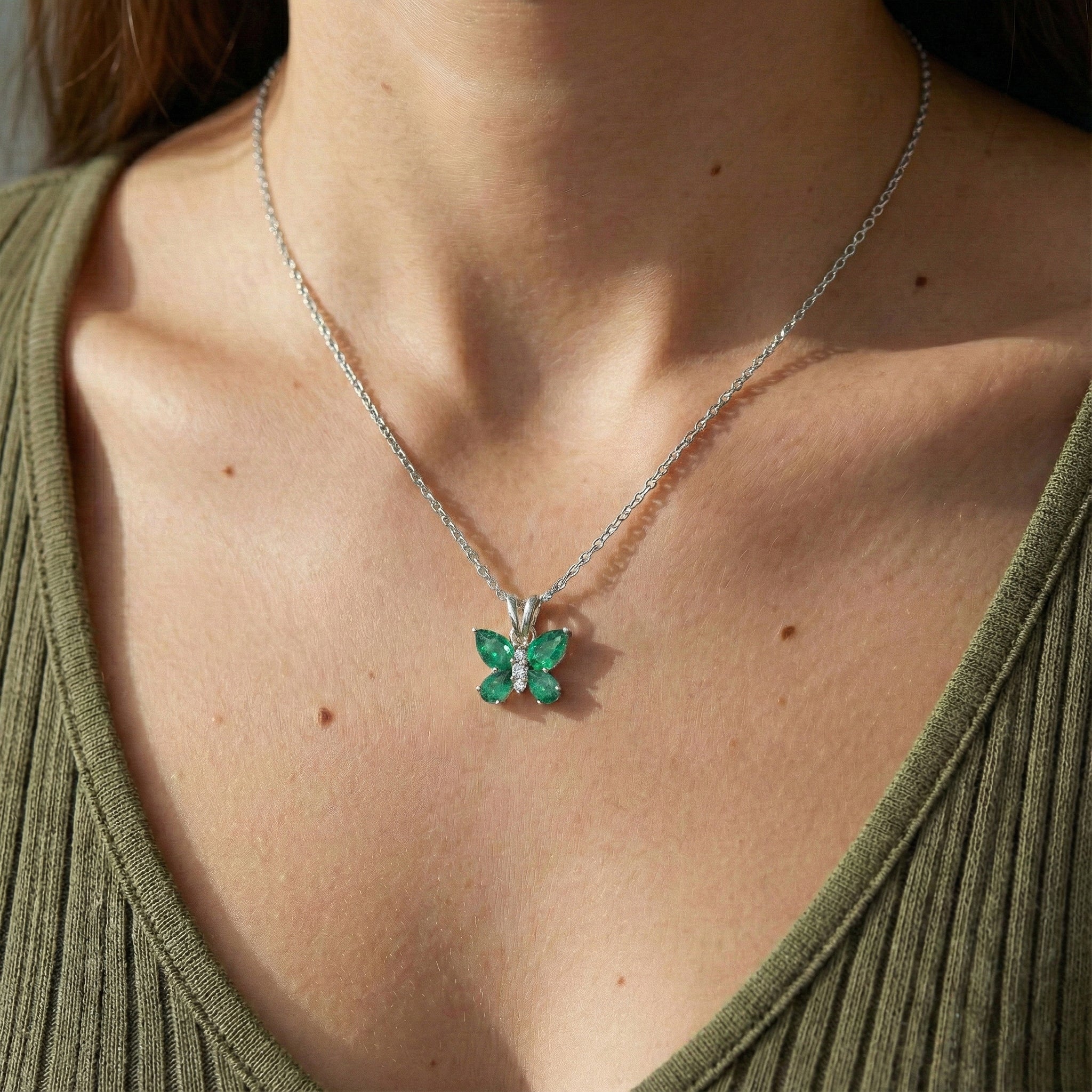 Emerald Pear Butterfly Pendant Necklace in 925 Sterling Silver 2ct