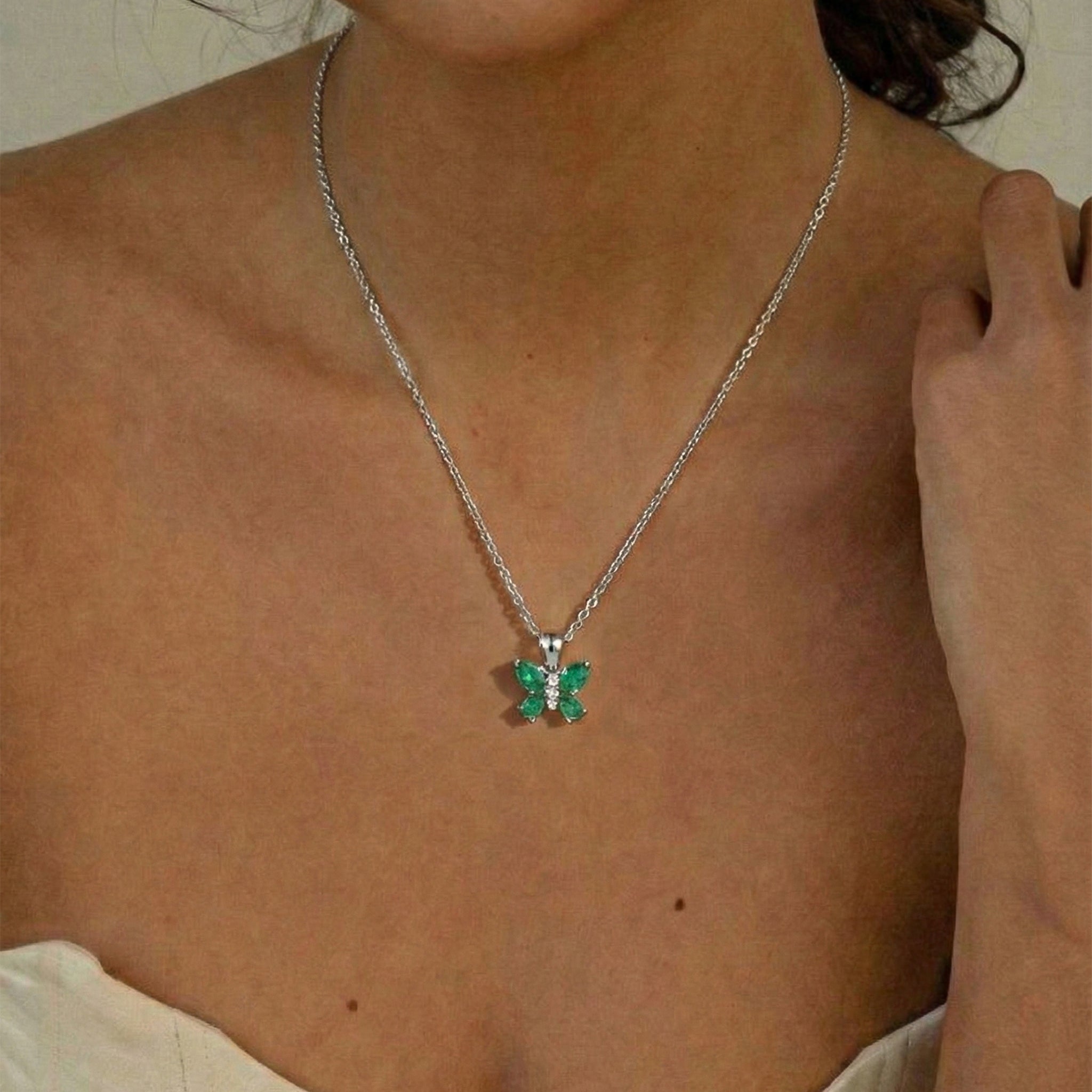 Emerald Pear Butterfly Pendant Necklace in 925 Sterling Silver 2ct