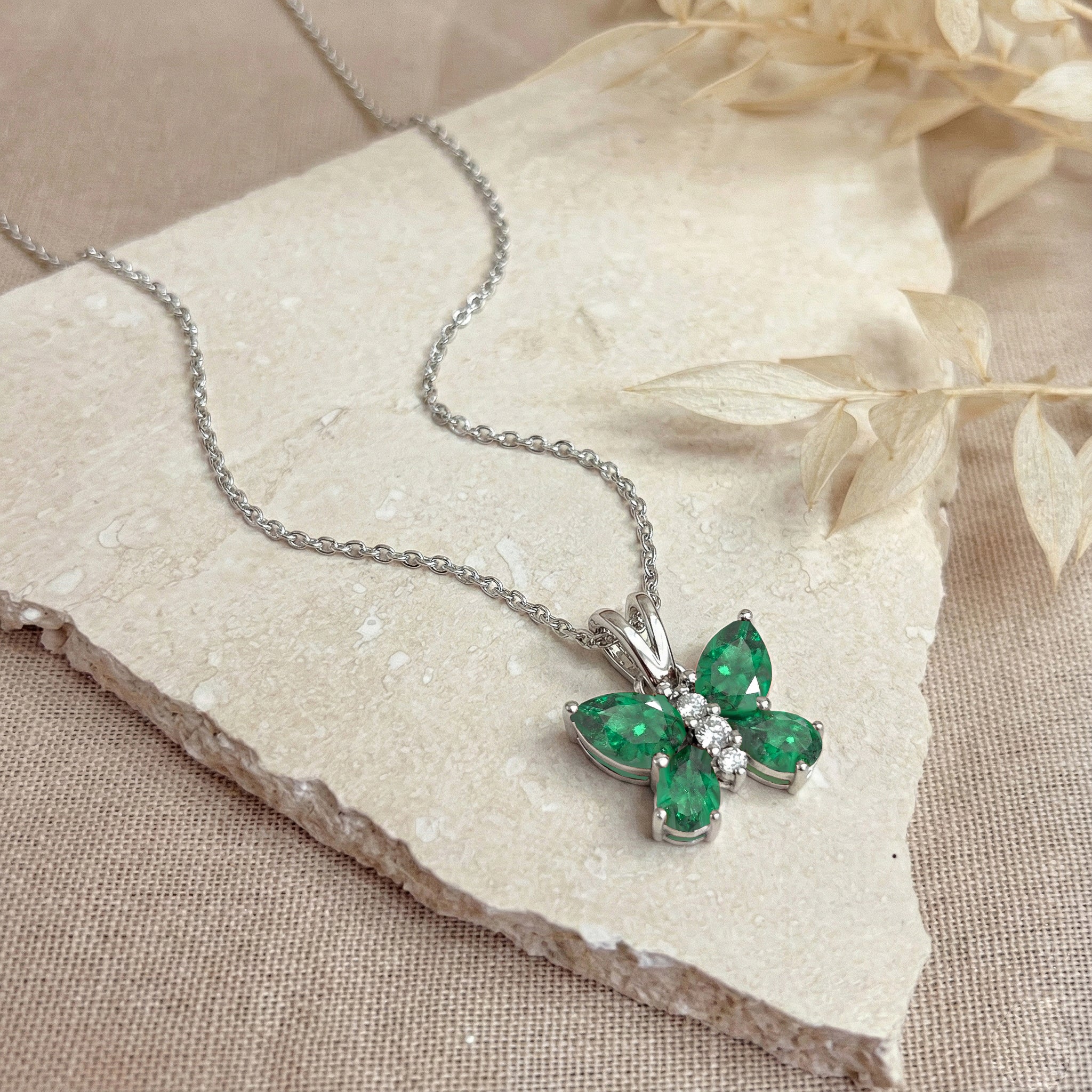 Emerald Pear Butterfly Pendant Necklace in 925 Sterling Silver 2ct