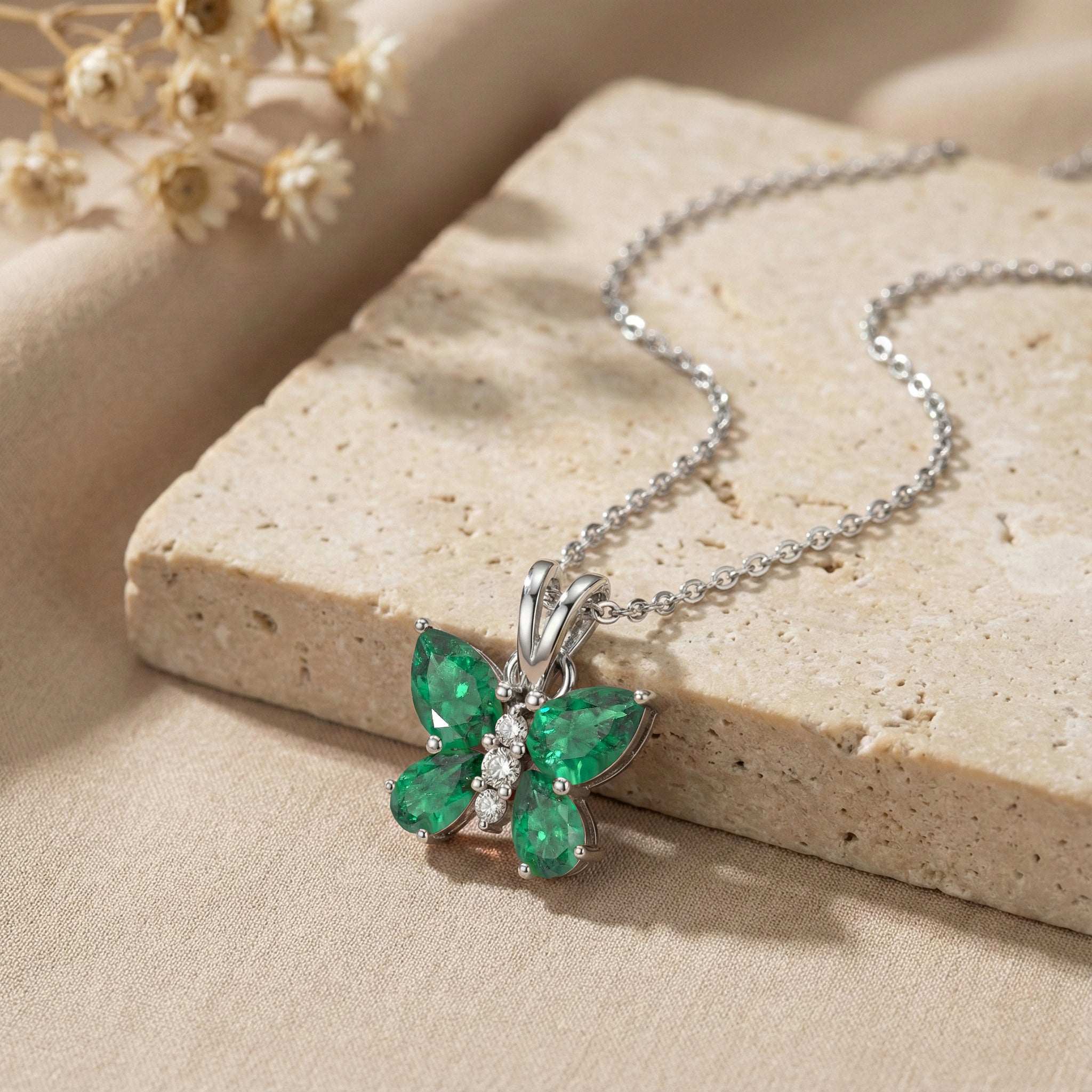 Emerald Pear Butterfly Pendant Necklace in 925 Sterling Silver 2ct