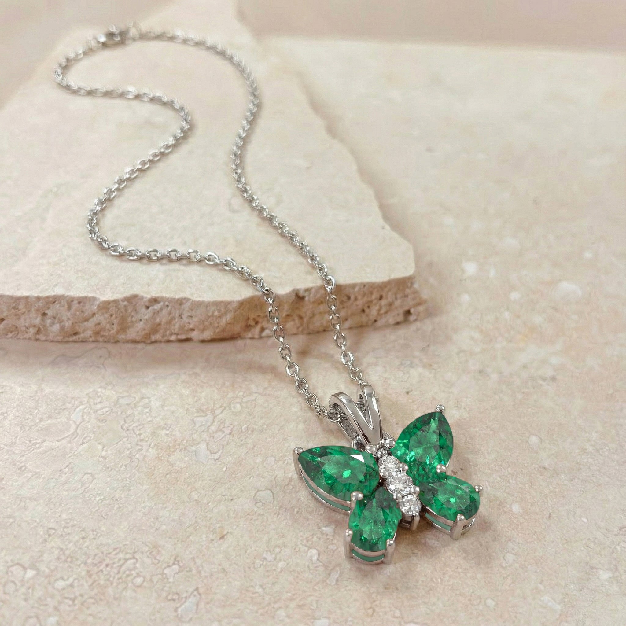 Emerald Pear Butterfly Pendant Necklace in 925 Sterling Silver 2ct
