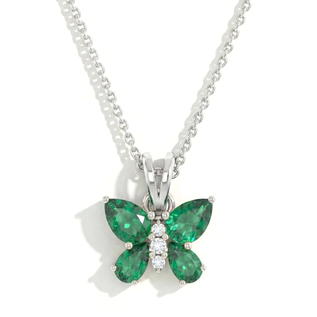 Emerald Pear Butterfly Pendant Necklace in 925 Sterling Silver 2ct