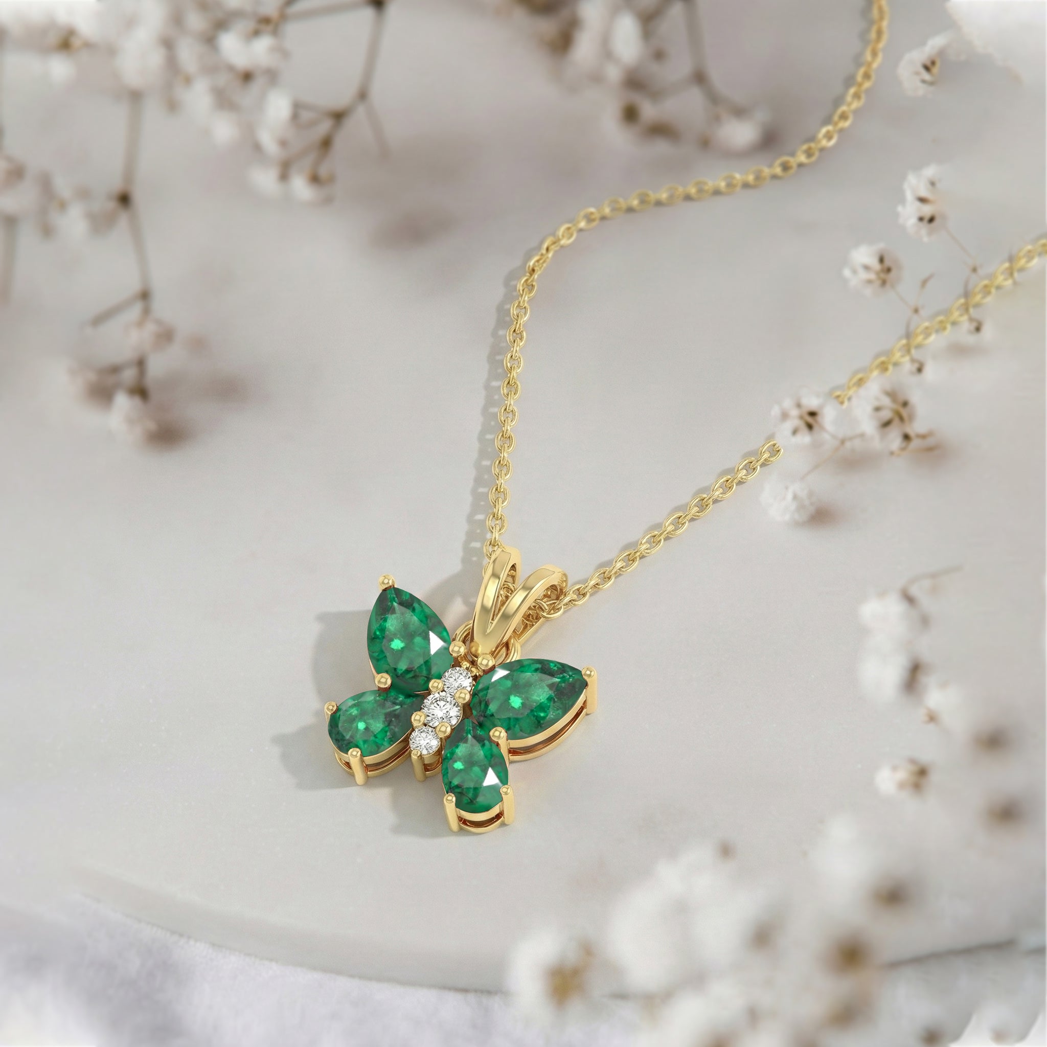 Emerald Pear Butterfly Pendant Necklace in 925 Sterling Silver 2ct