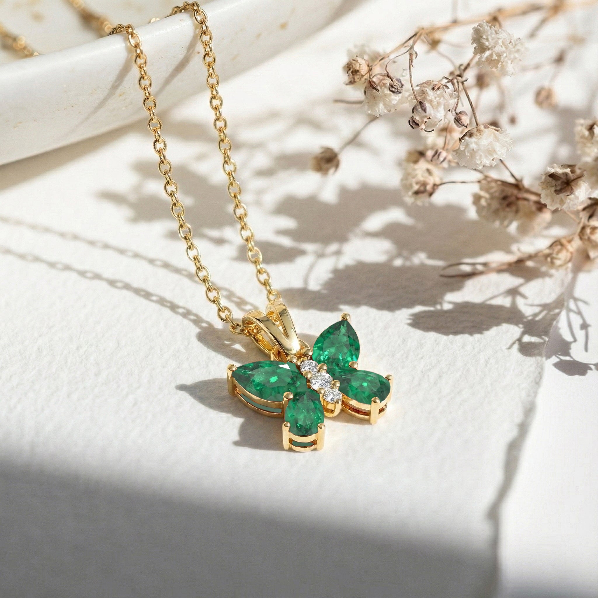 Emerald Pear Butterfly Pendant Necklace in 925 Sterling Silver 2ct