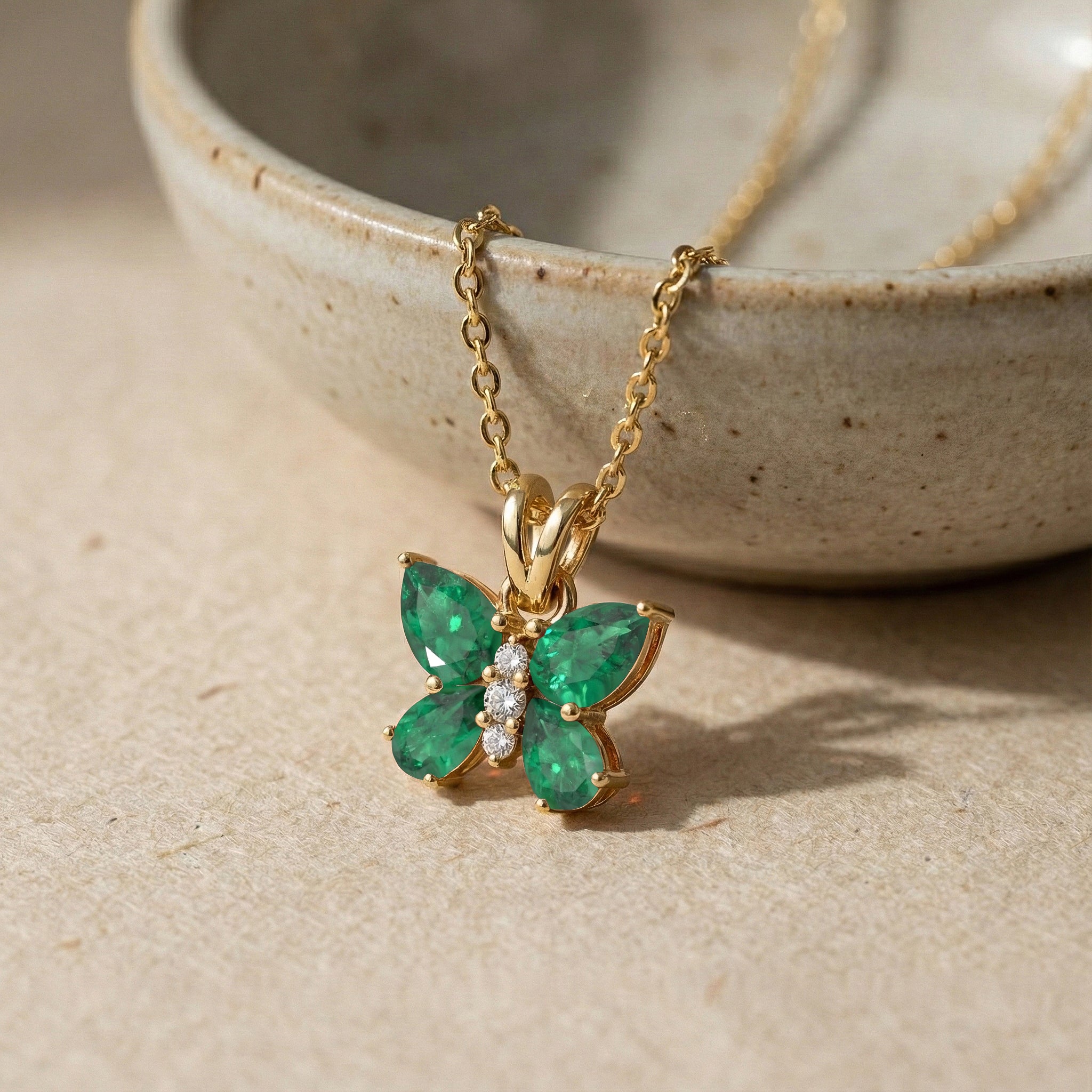 Emerald Pear Butterfly Pendant Necklace in 925 Sterling Silver 2ct