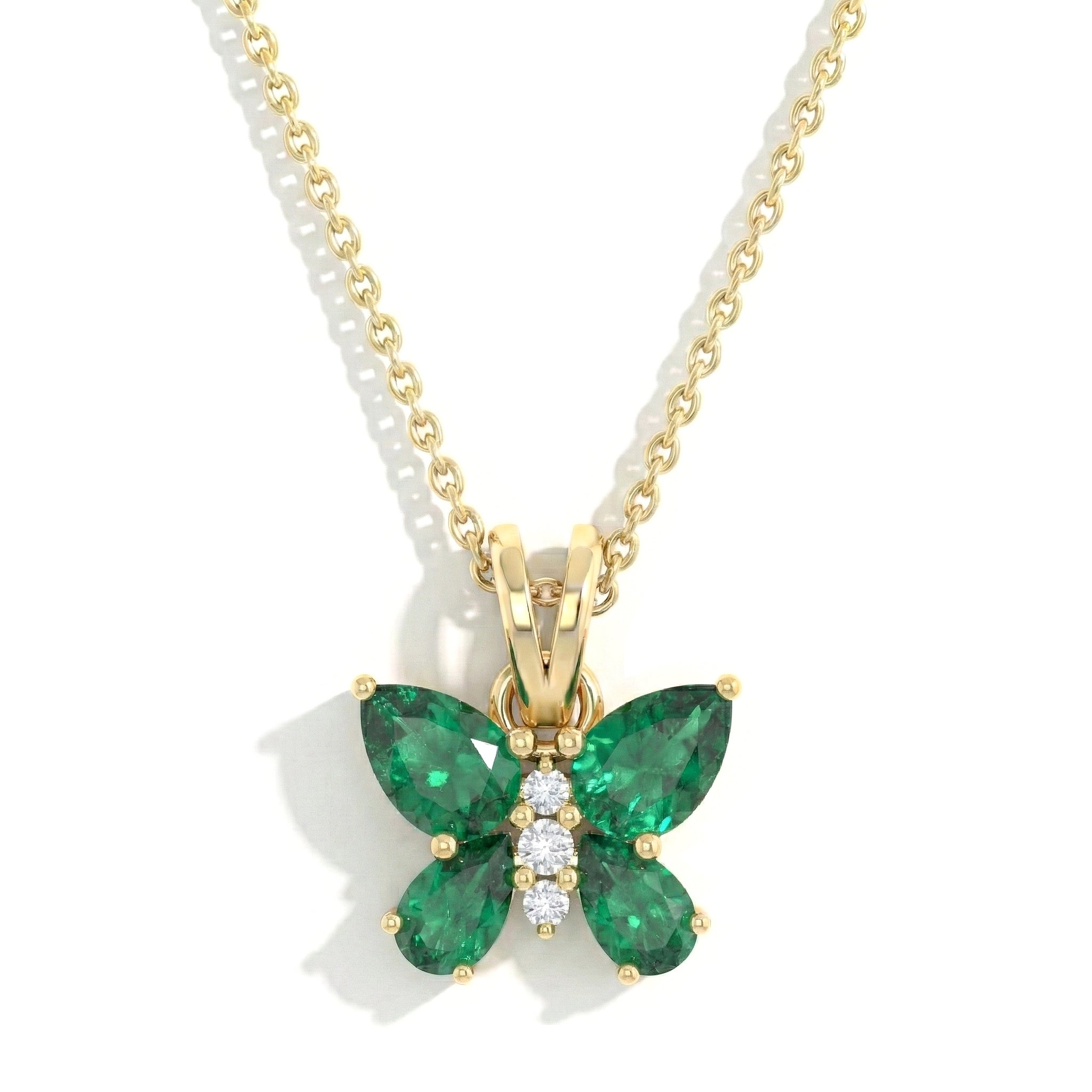 Emerald Pear Butterfly Pendant Necklace in Yellow Gold Plated 2ct