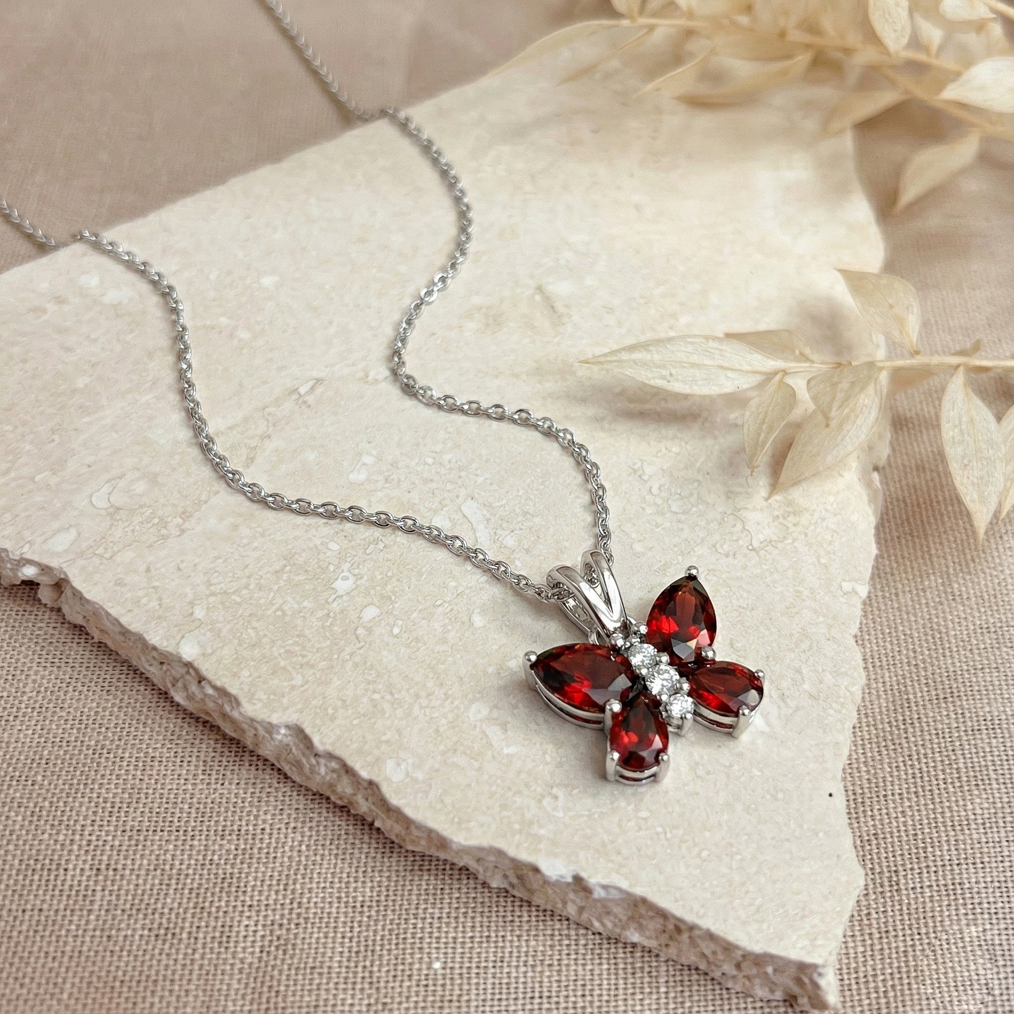 Garnet Pear Butterfly Pendant Necklace in 925 Sterling Silver 2ct