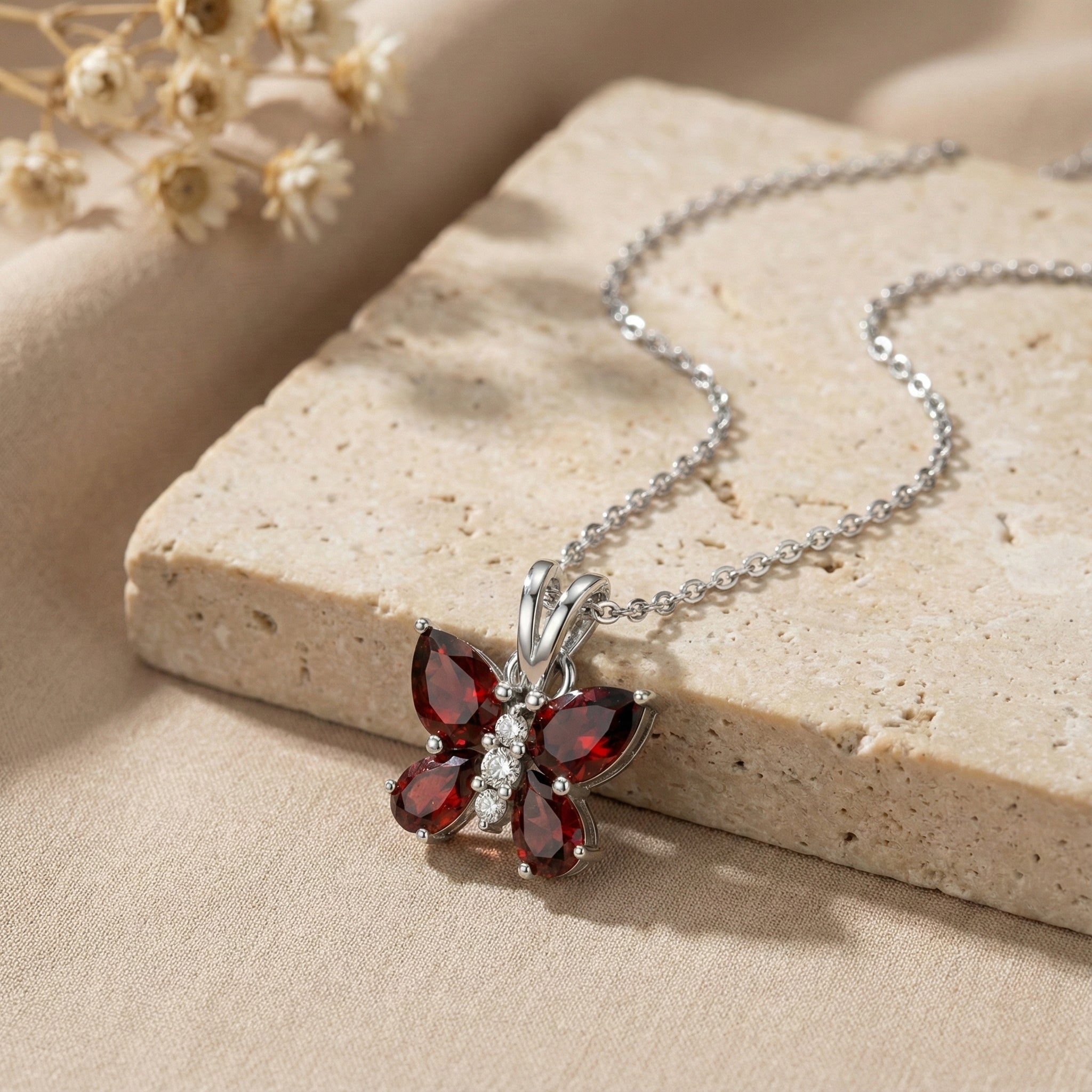 Garnet Pear Butterfly Pendant Necklace in 925 Sterling Silver 2ct