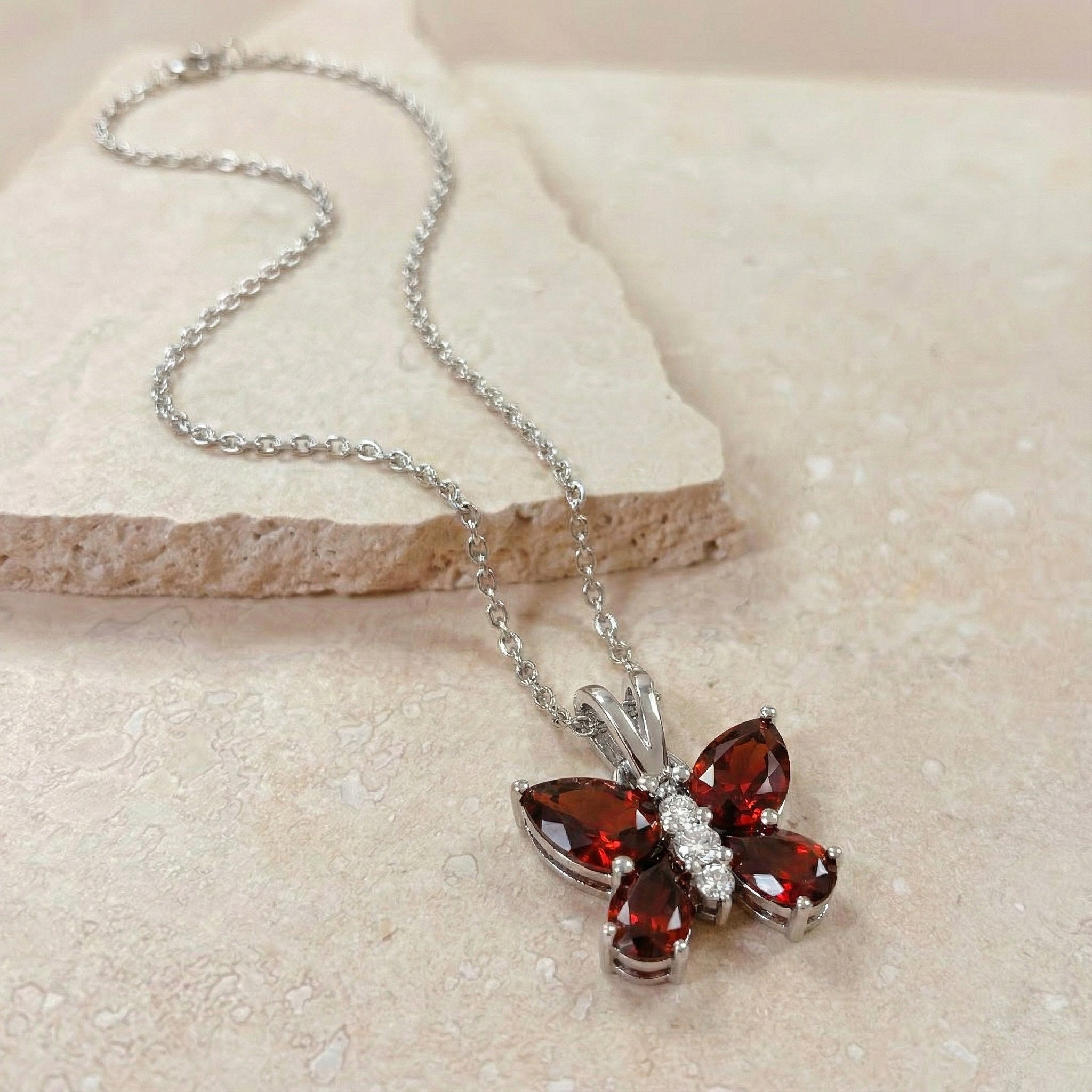 Garnet Pear Butterfly Pendant Necklace in 925 Sterling Silver 2ct