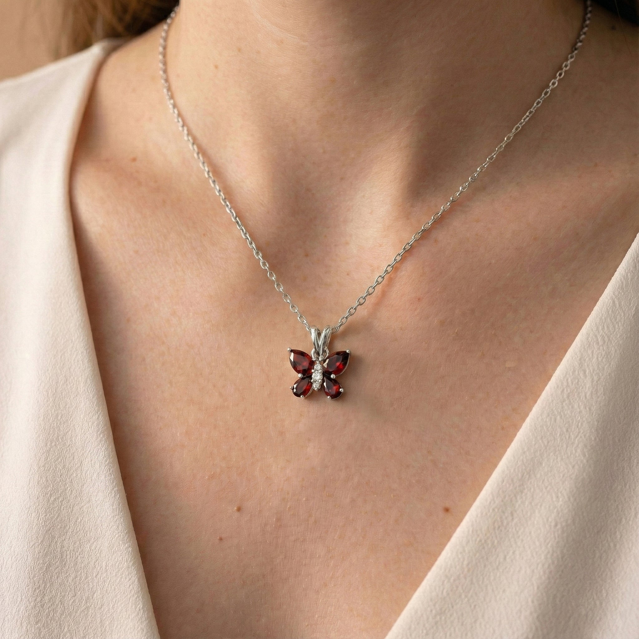 Garnet Pear Butterfly Pendant Necklace in 925 Sterling Silver 2ct