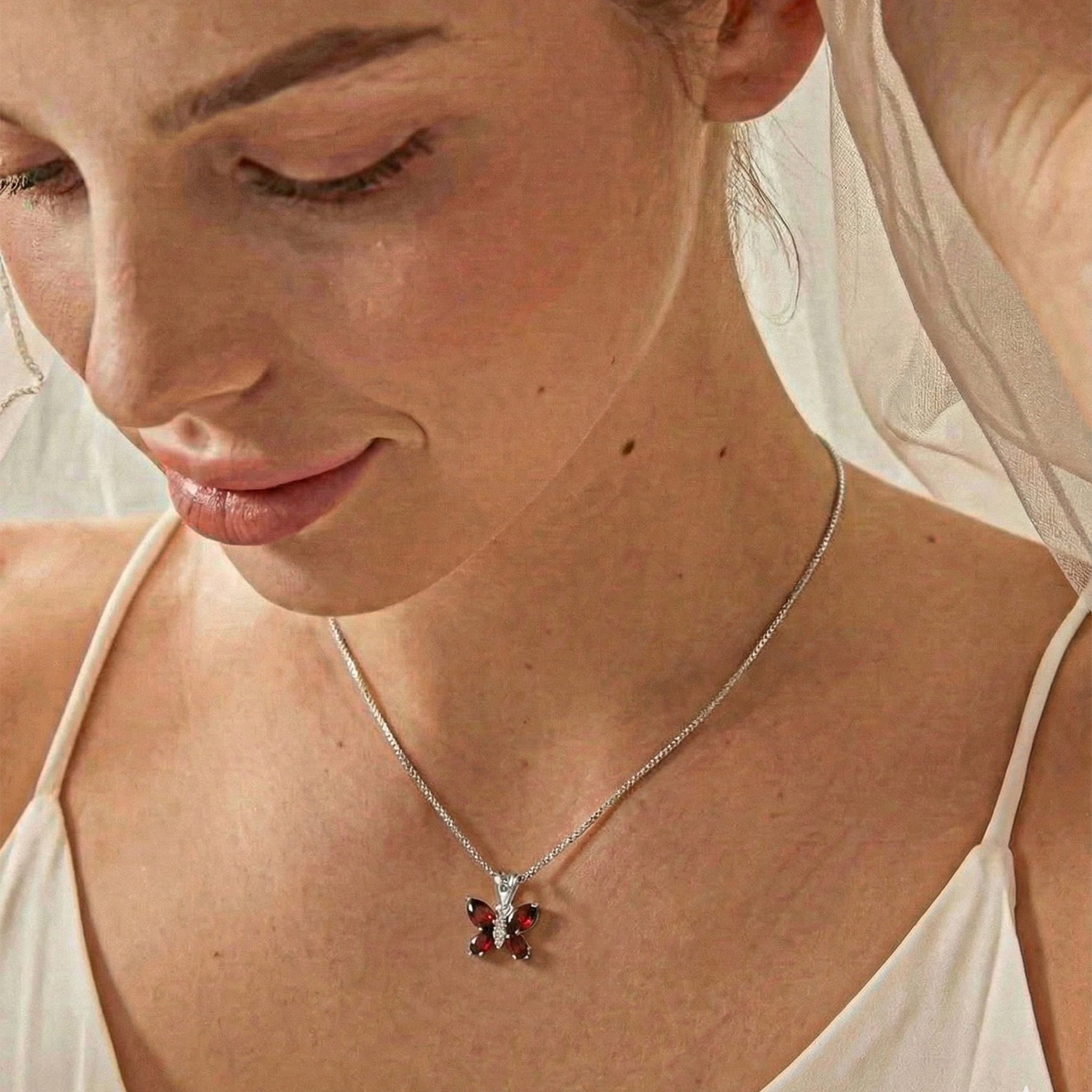 Garnet Pear Butterfly Pendant Necklace in 925 Sterling Silver 2ct