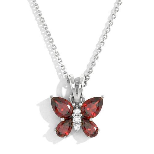 Garnet Pear Butterfly Pendant Necklace in 925 Sterling Silver 2ct