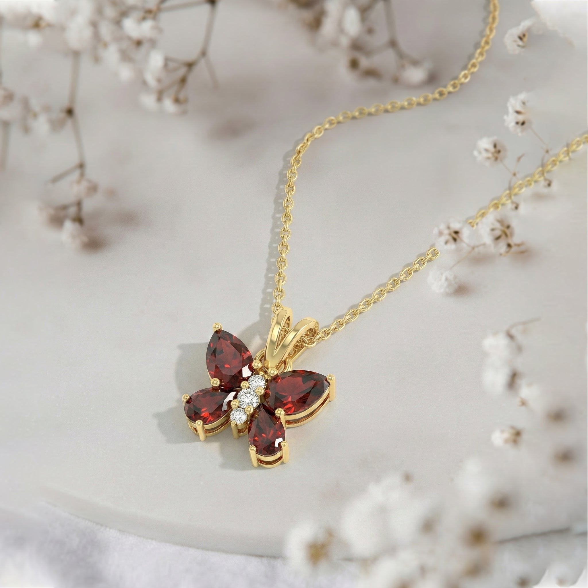 Garnet Pear Butterfly Pendant Necklace in 925 Sterling Silver 2ct
