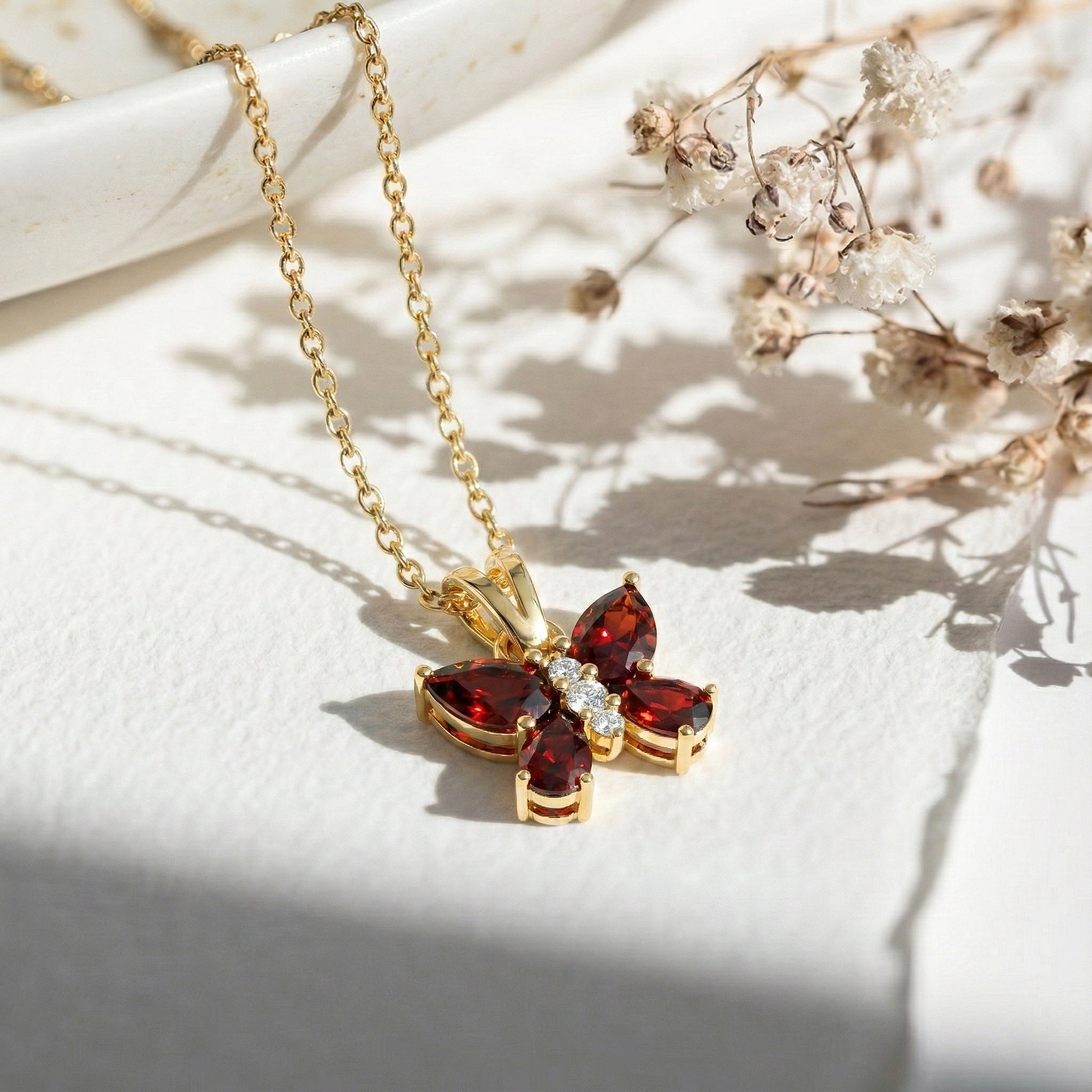 Garnet Pear Butterfly Pendant Necklace in 925 Sterling Silver 2ct