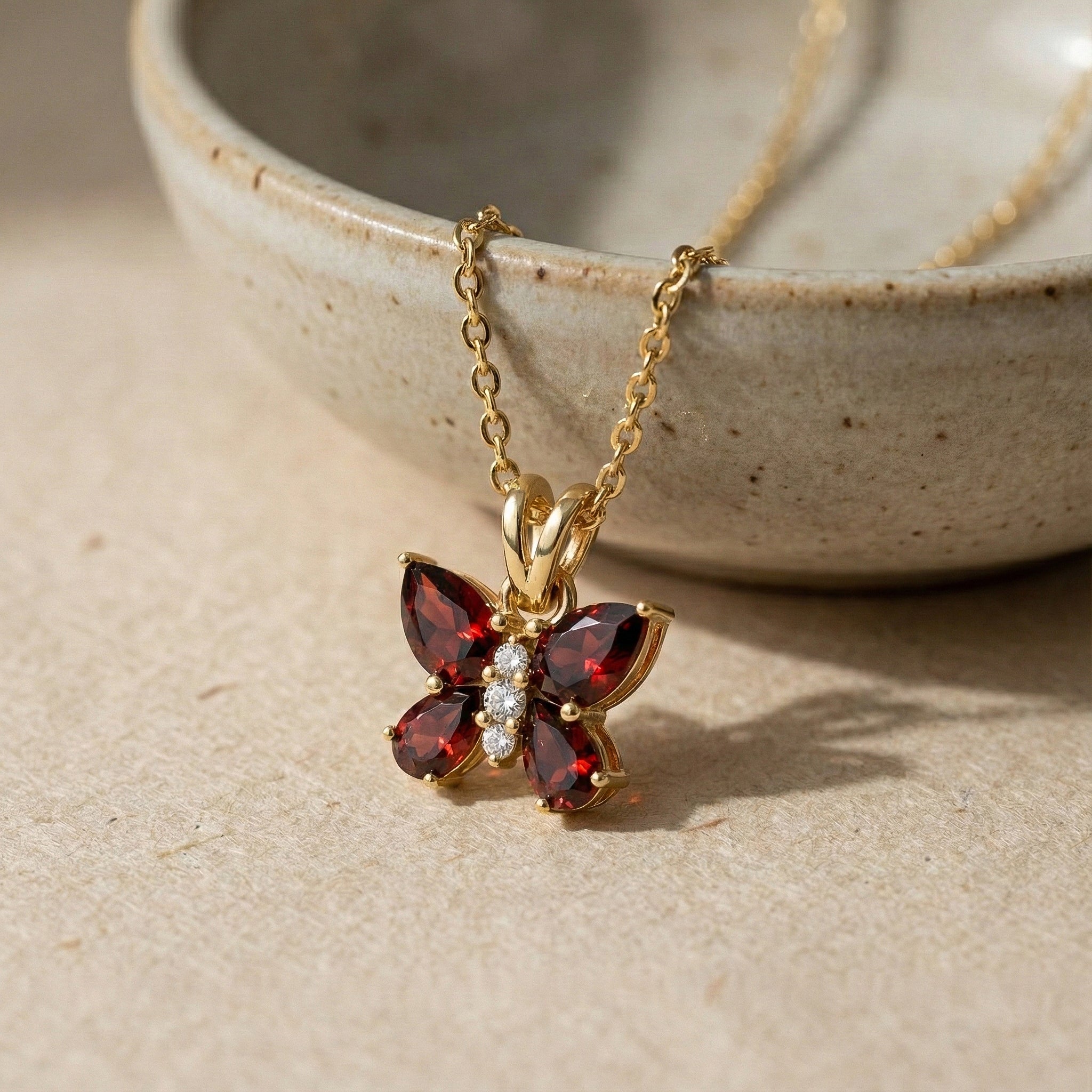 Garnet Pear Butterfly Pendant Necklace in 925 Sterling Silver 2ct