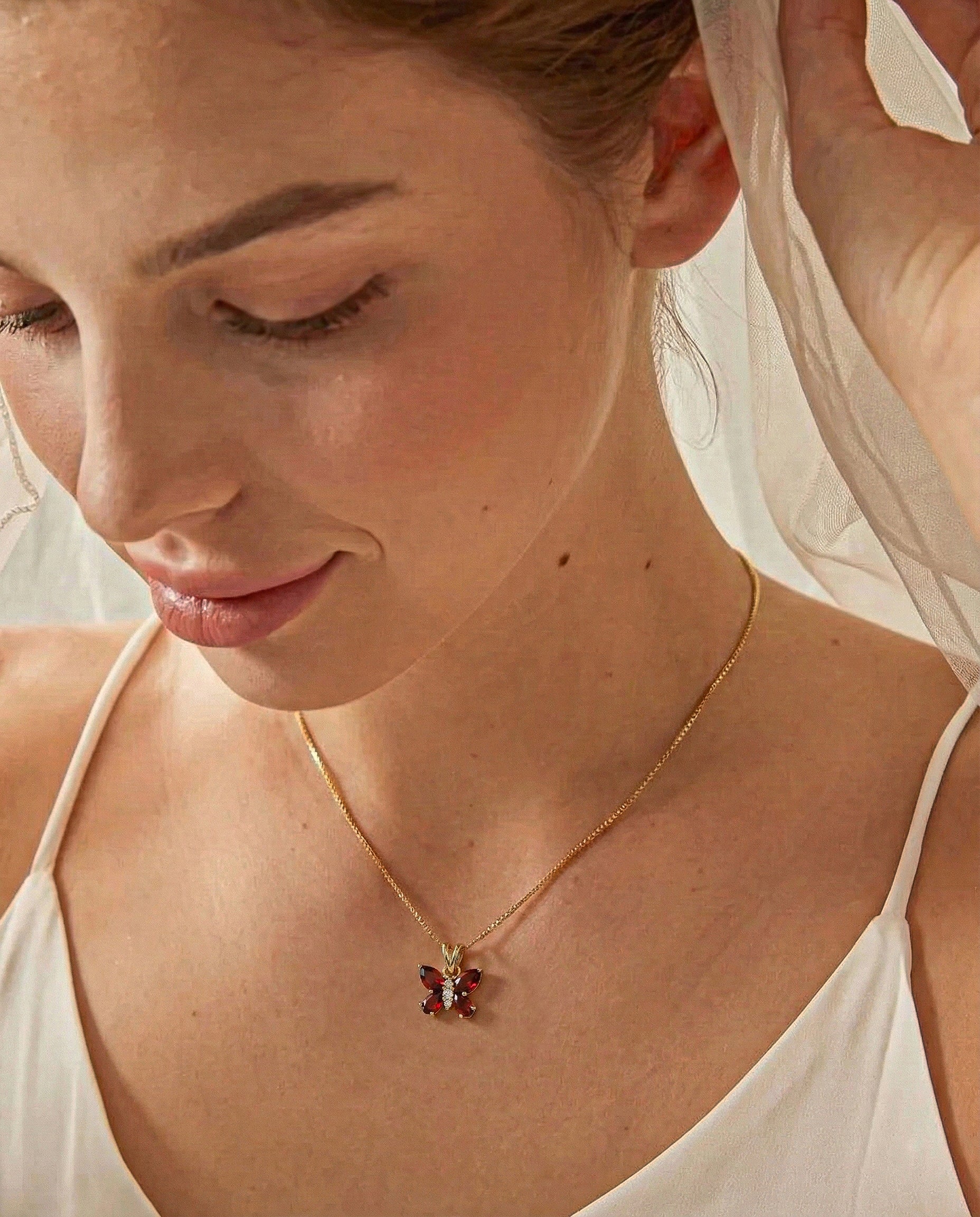 Garnet Pear Butterfly Pendant Necklace in 925 Sterling Silver 2ct