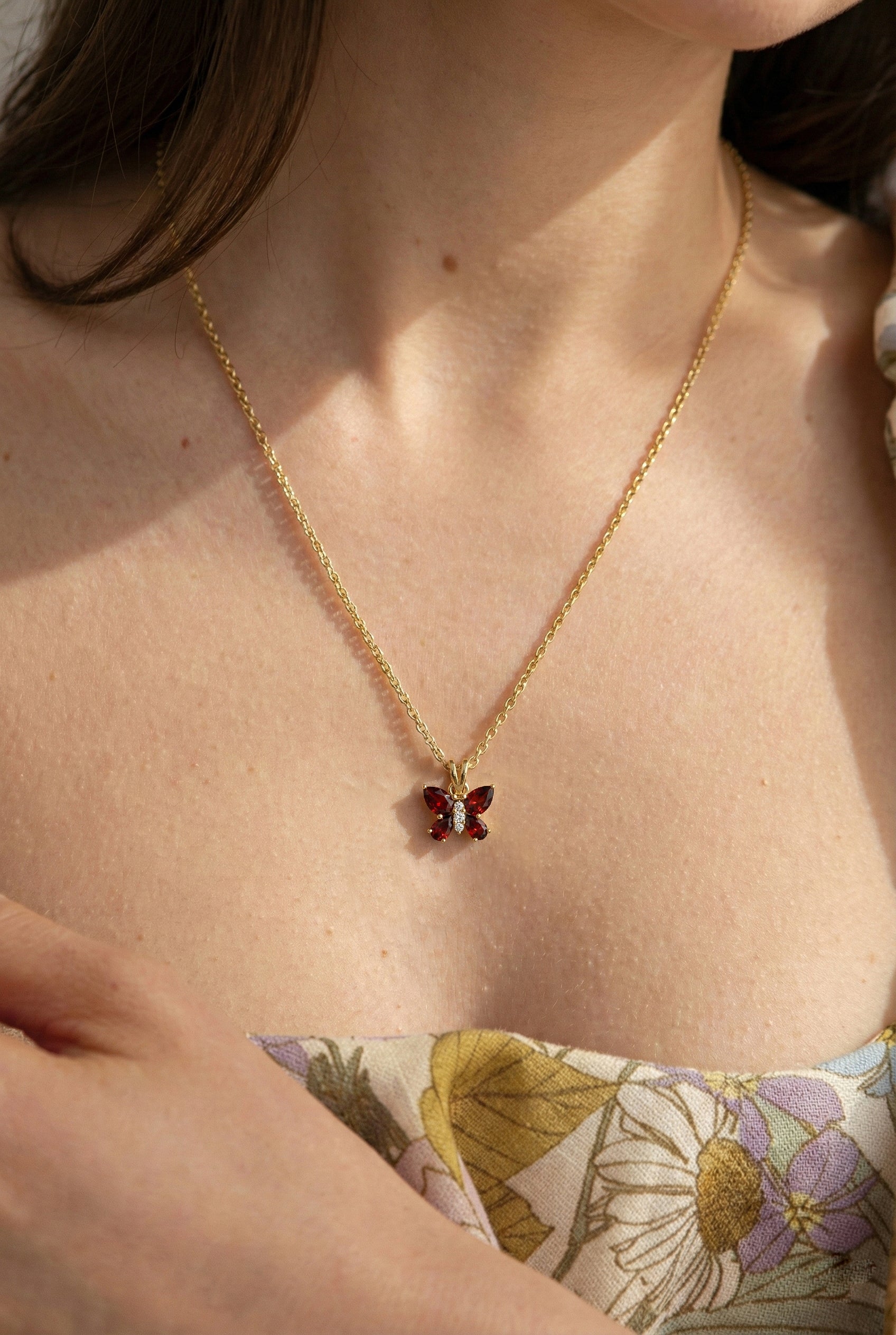 Garnet Pear Butterfly Pendant Necklace in 925 Sterling Silver 2ct